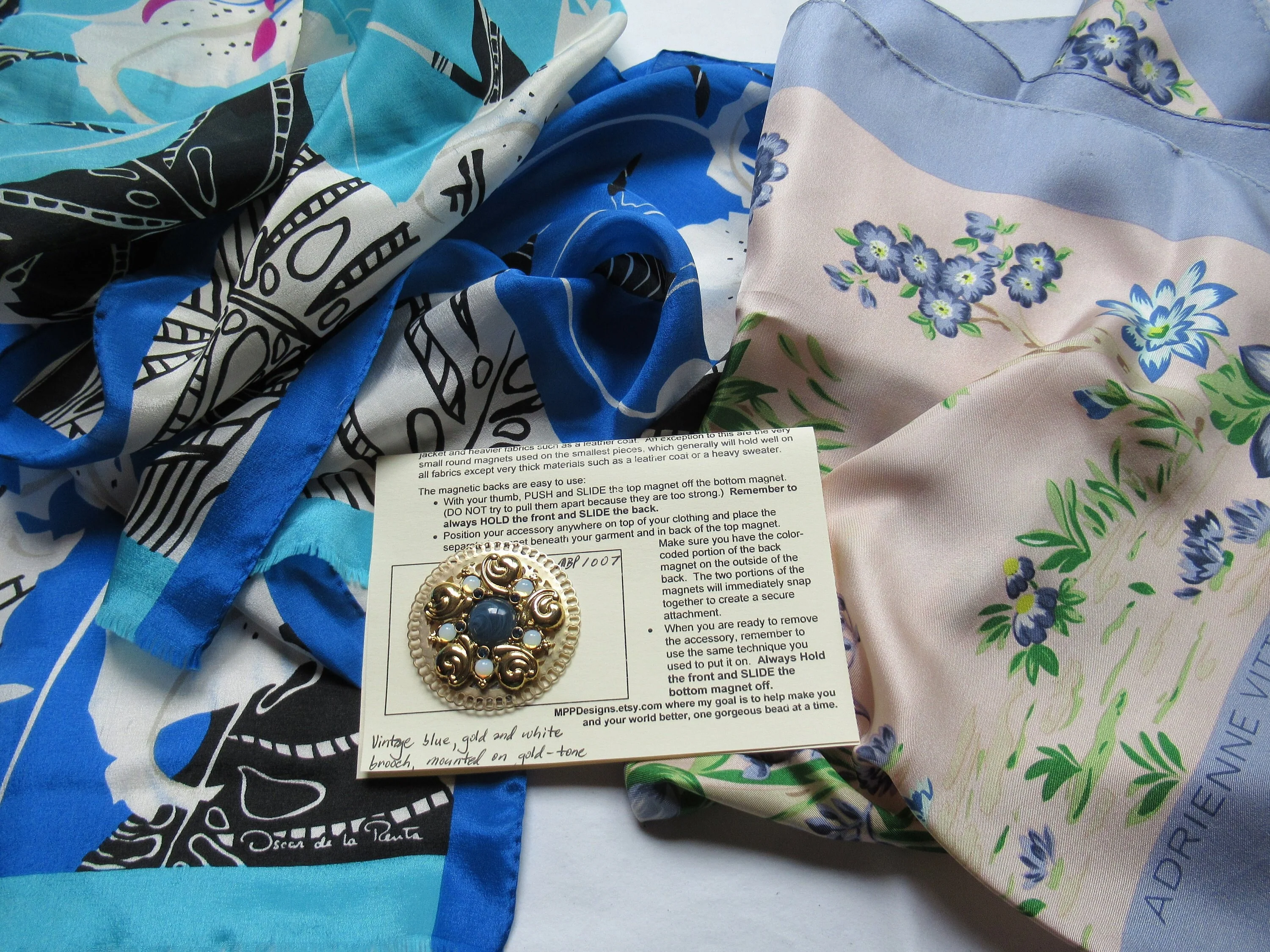 Recycled Brooch New Magnetic Clasp On 2 Inch Gold Tone Round Metal Classic Design Remade for Easy Wear White and Navy Blue Bonus Scarf - Image 3