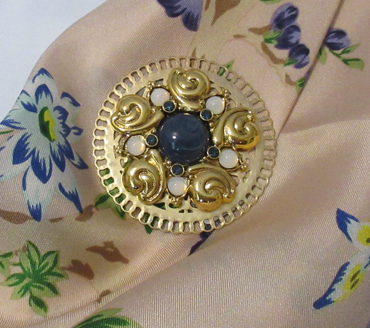 Recycled Brooch New Magnetic Clasp On 2 Inch Gold Tone Round Metal Classic Design Remade for Easy Wear White and Navy Blue Bonus Scarf - Image 4
