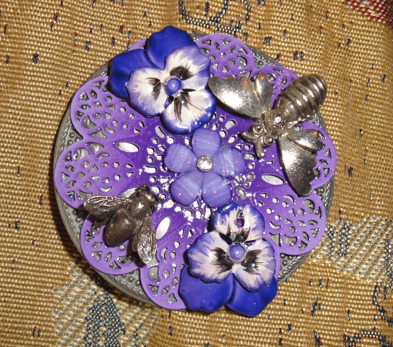 Recycled Bumblebee Brooch Made From Small Pewter 50s Bee Pins and Purple Violets Repurposed with New Magnetic Back Clasp Bonus Scarf - Image 5