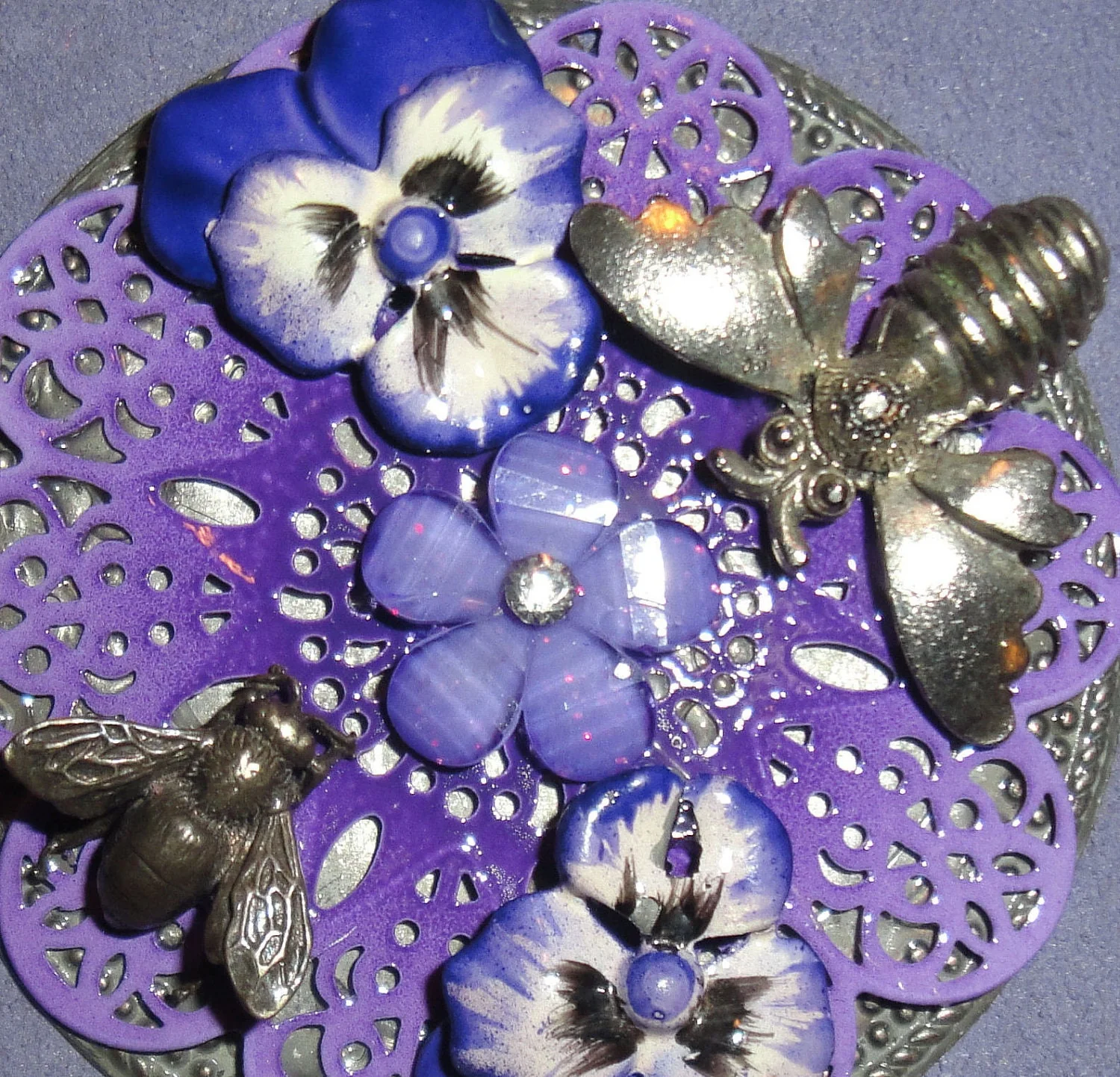 Recycled Bumblebee Brooch Made From Small Pewter 50s Bee Pins and Purple Violets Repurposed with New Magnetic Back Clasp Bonus Scarf - Image 7