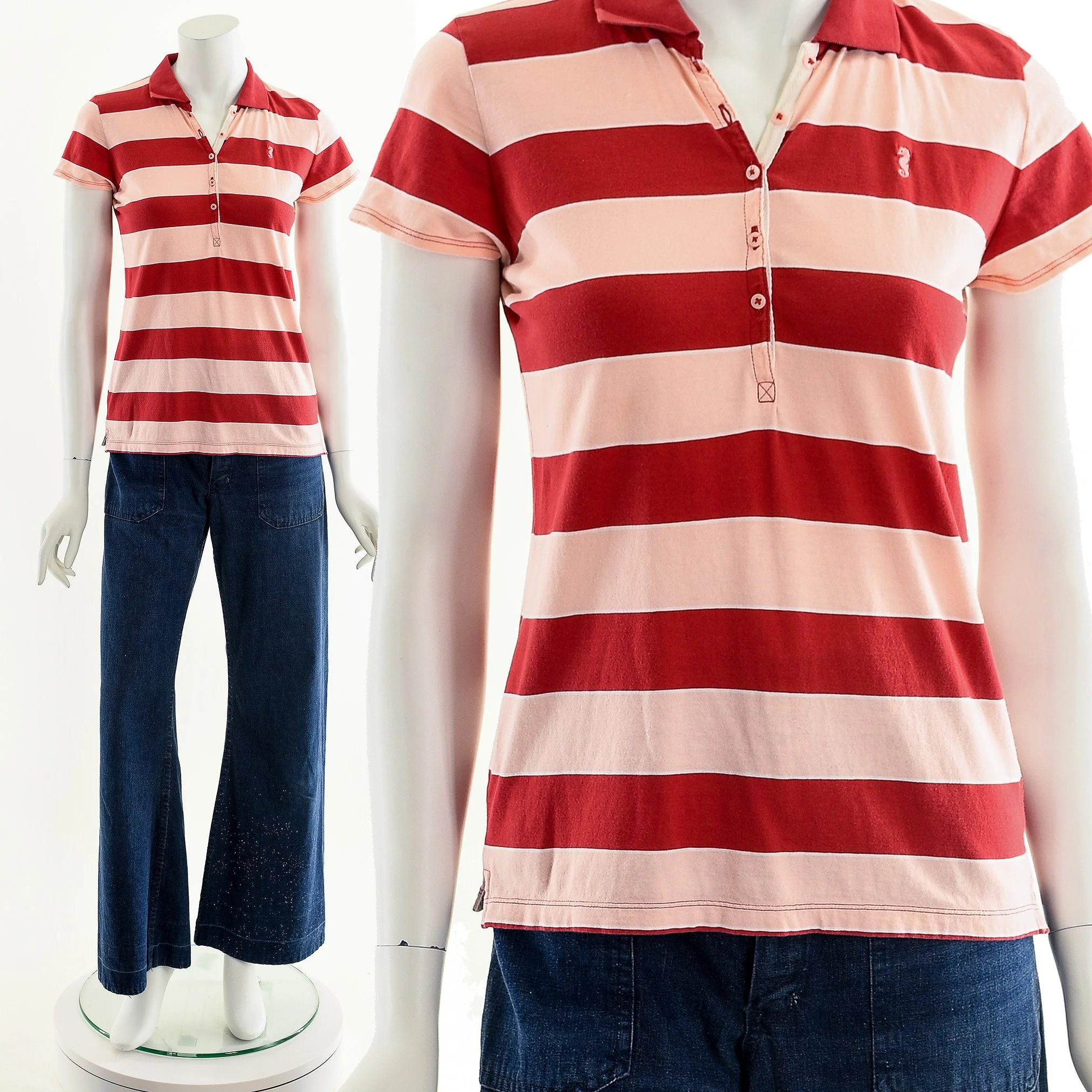 Red and Pink Seahorse Striped Polo Shirt - Image 3
