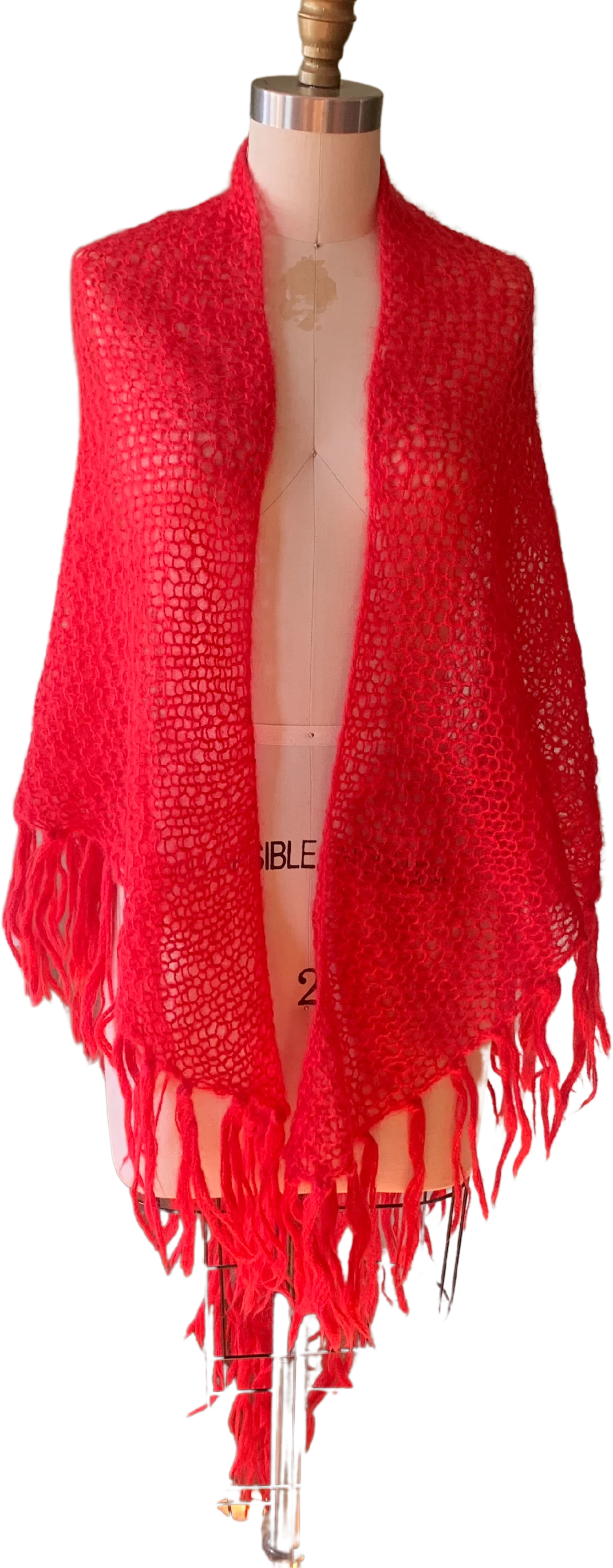 Red Knitted Crocheted Angora Wool Fringed Shawl