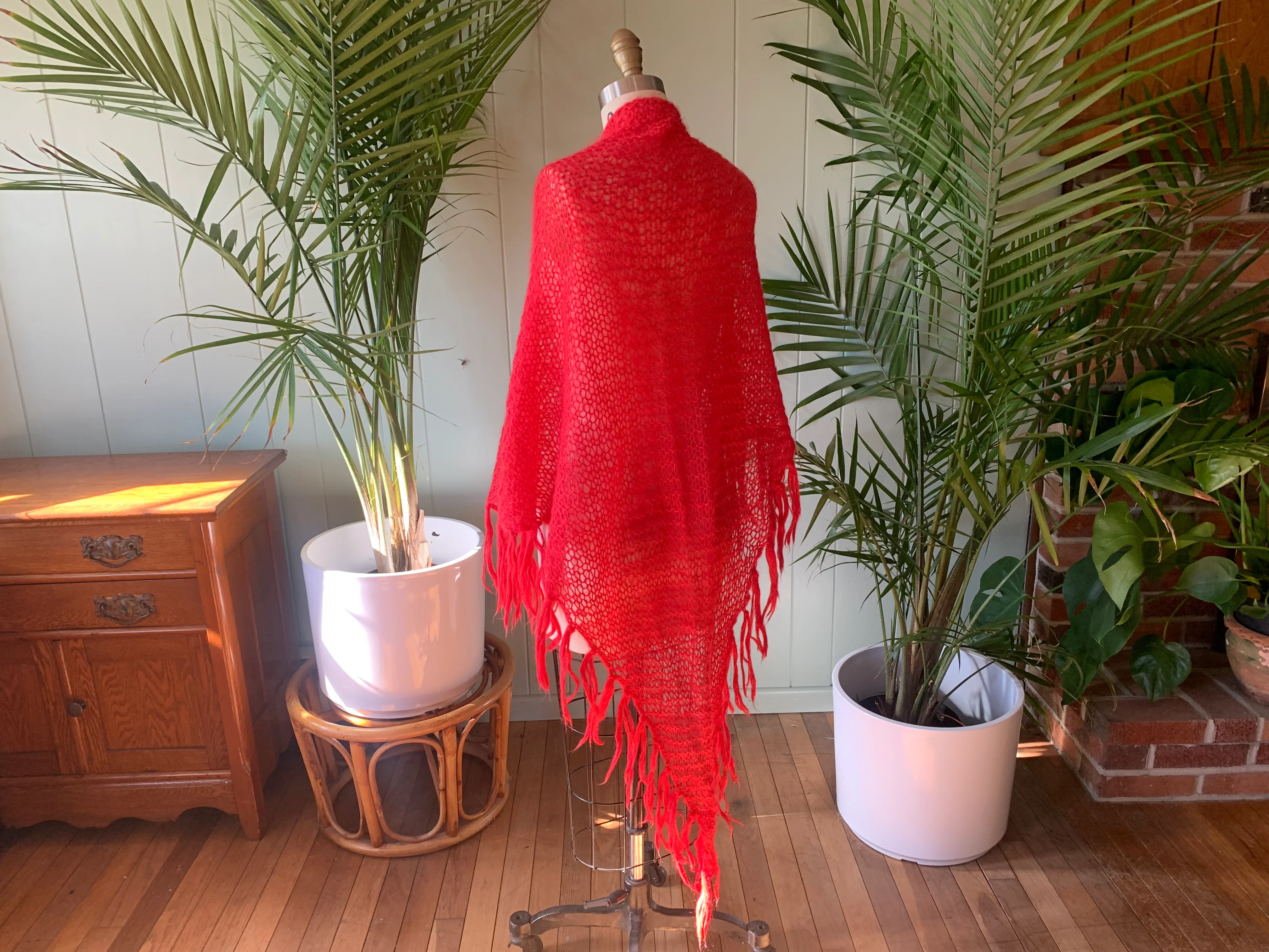 Red Knitted Crocheted Angora Wool Fringed Shawl - Image 5