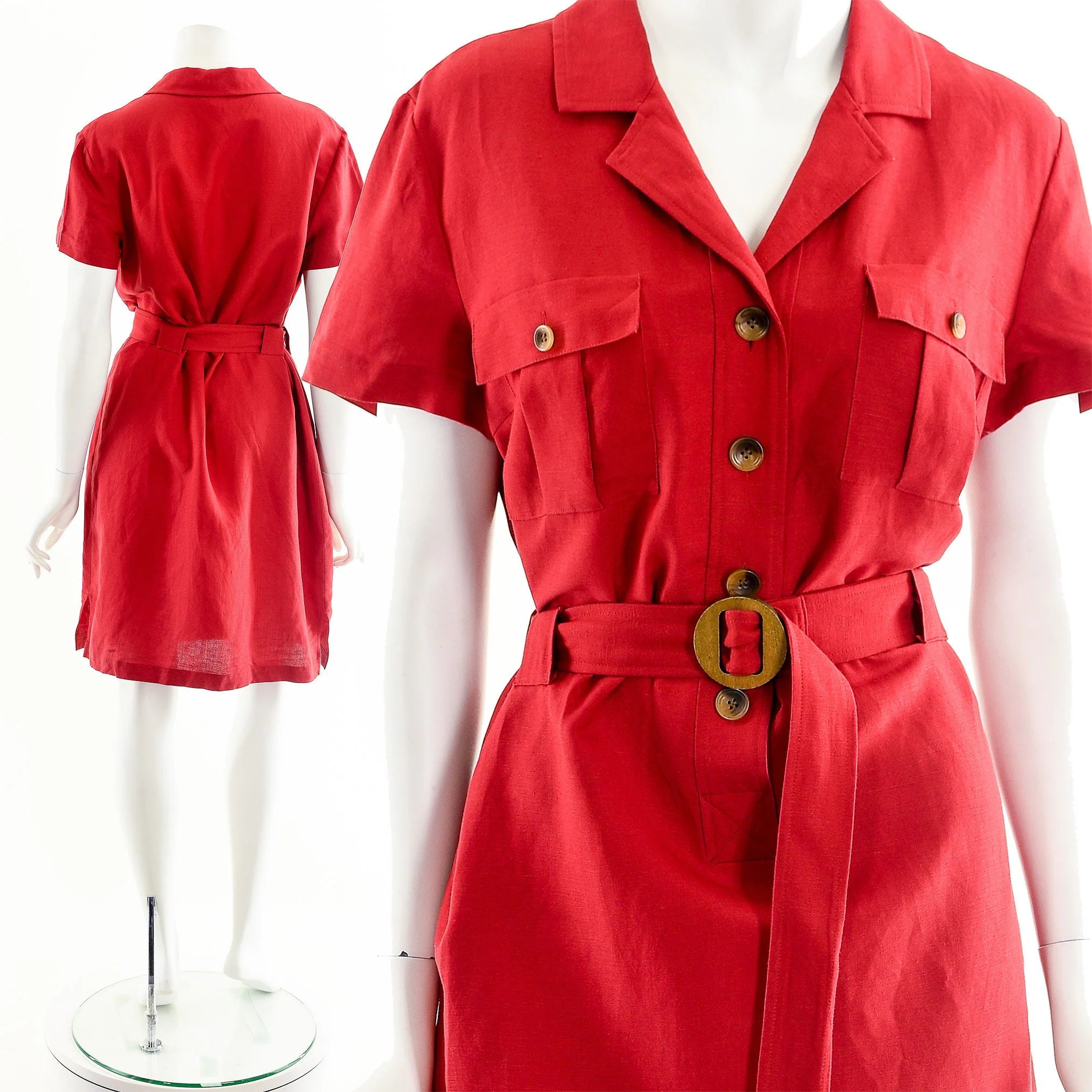 Red Linen Safari Dress - Image 3