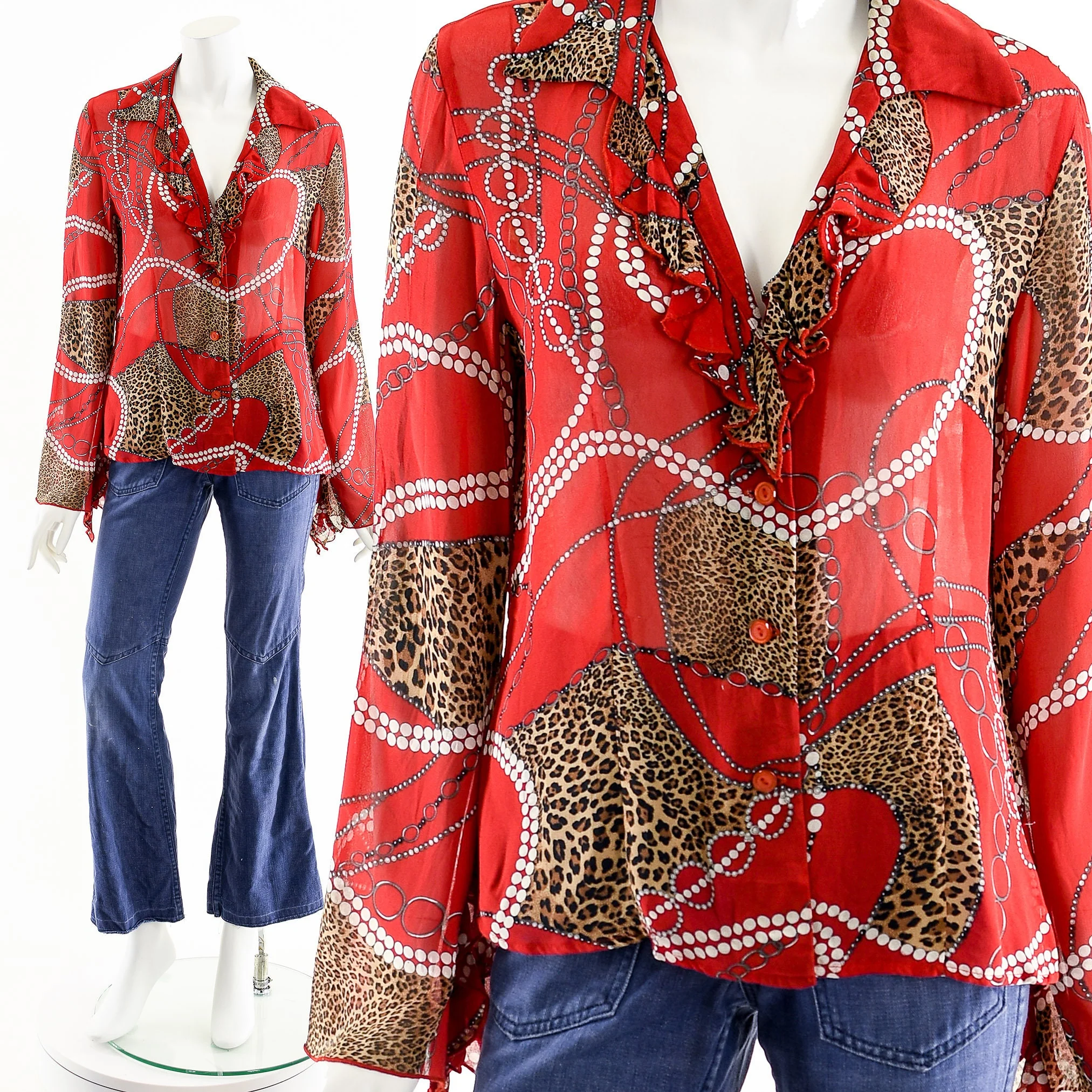 Red Luxury Chain Print Blouse Designer Ruffle Silk Top Vintage Poets Blouse - Image 3