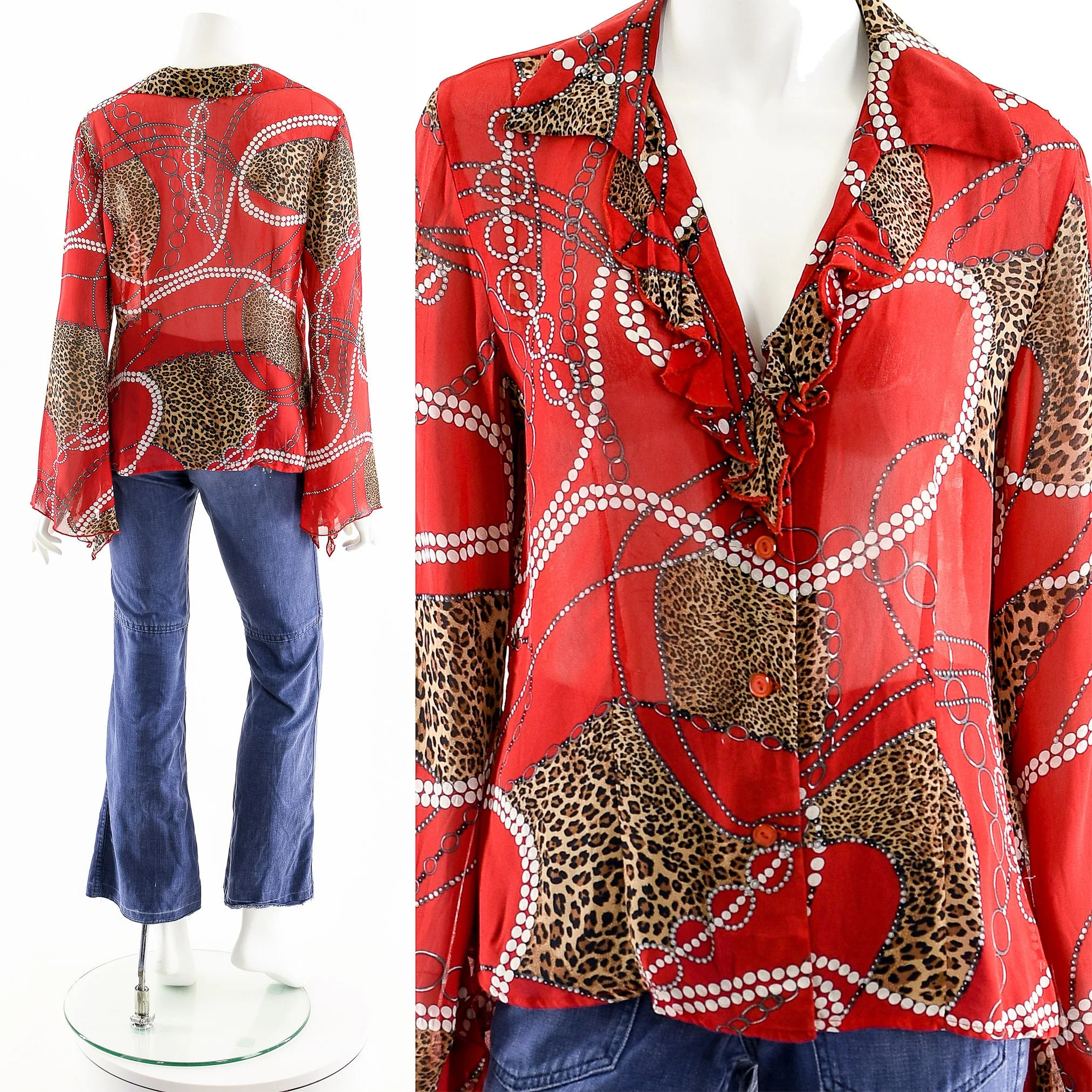 Red Luxury Chain Print Blouse Designer Ruffle Silk Top Vintage Poets Blouse - Image 4