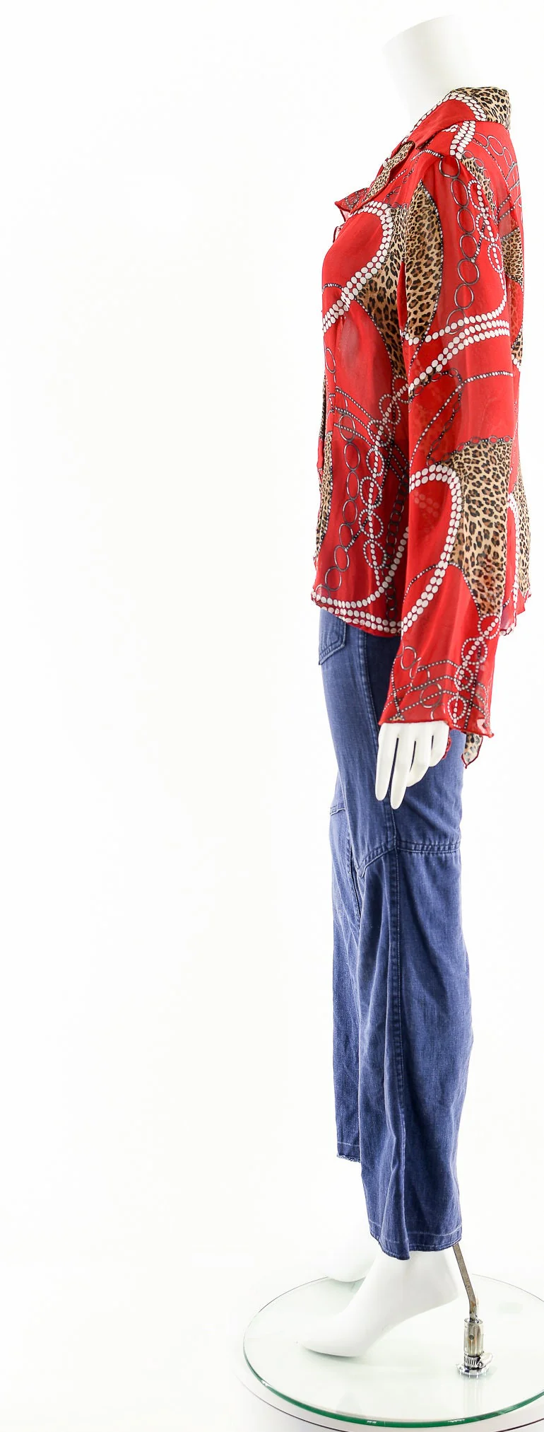 Red Luxury Chain Print Blouse Designer Ruffle Silk Top Vintage Poets Blouse - Image 9