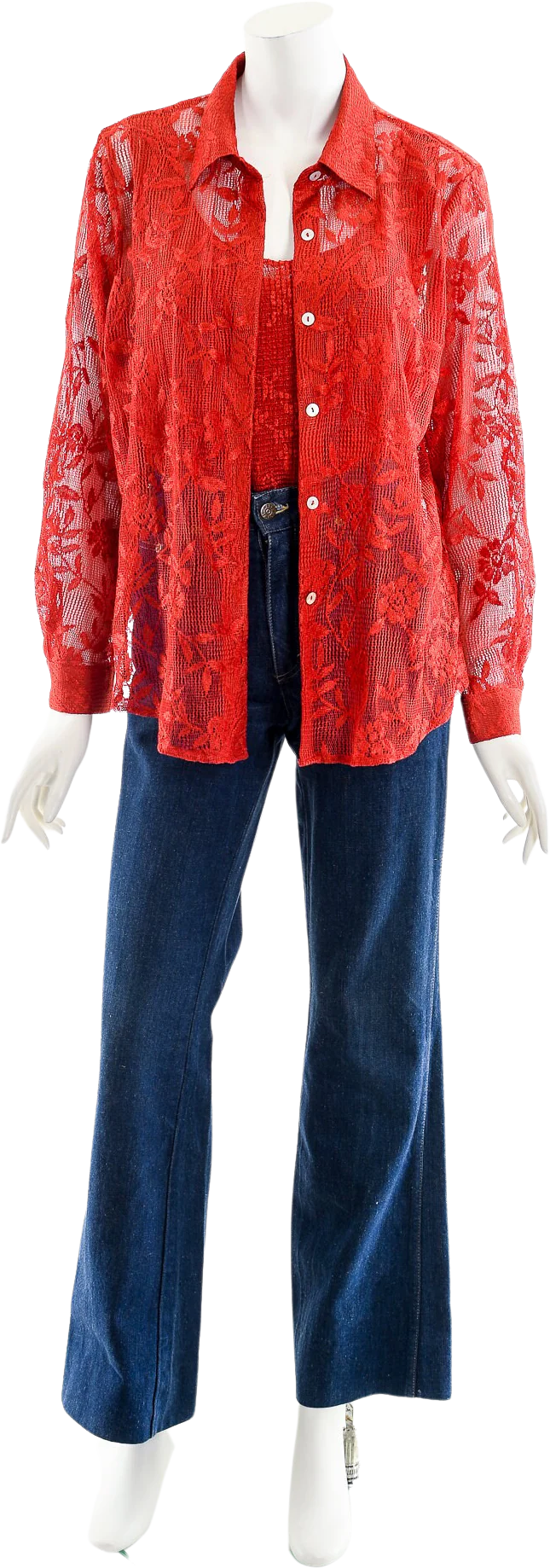 Red Sheer Lace Button Up Blouse