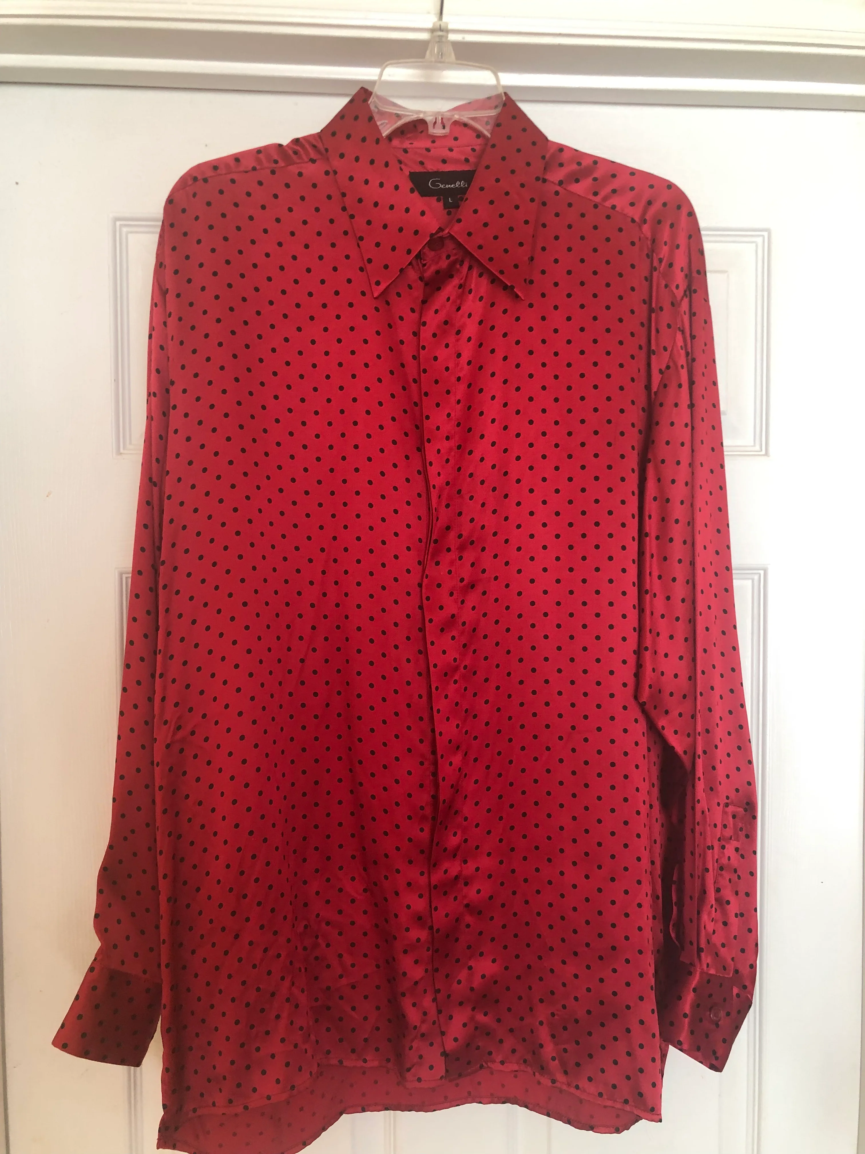 Red Shirt 100% Silk With Black Polka Dots By Genelli - Image 4