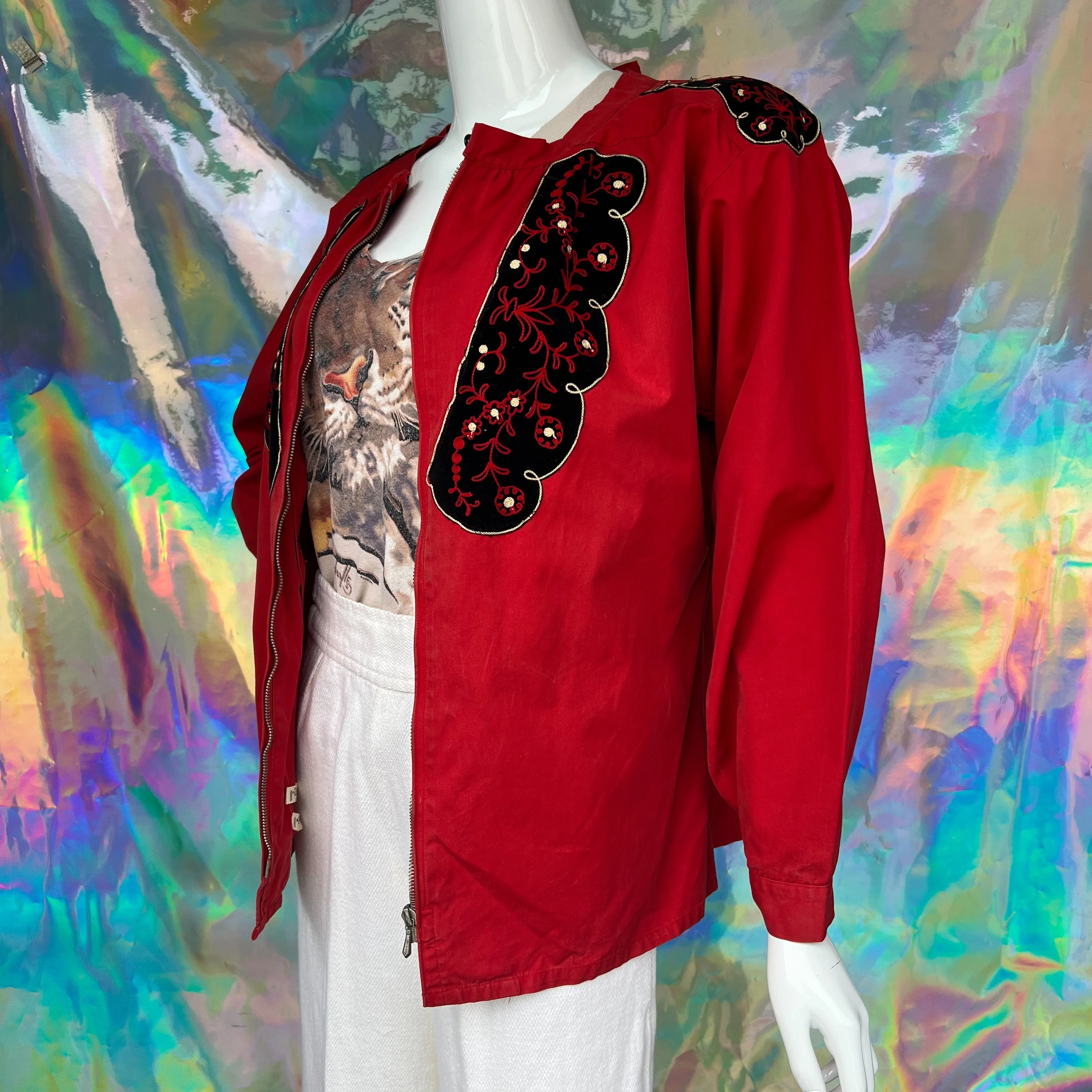 Red Swiss Embroidered Velvet Panel Jacket by Wintro - Image 3