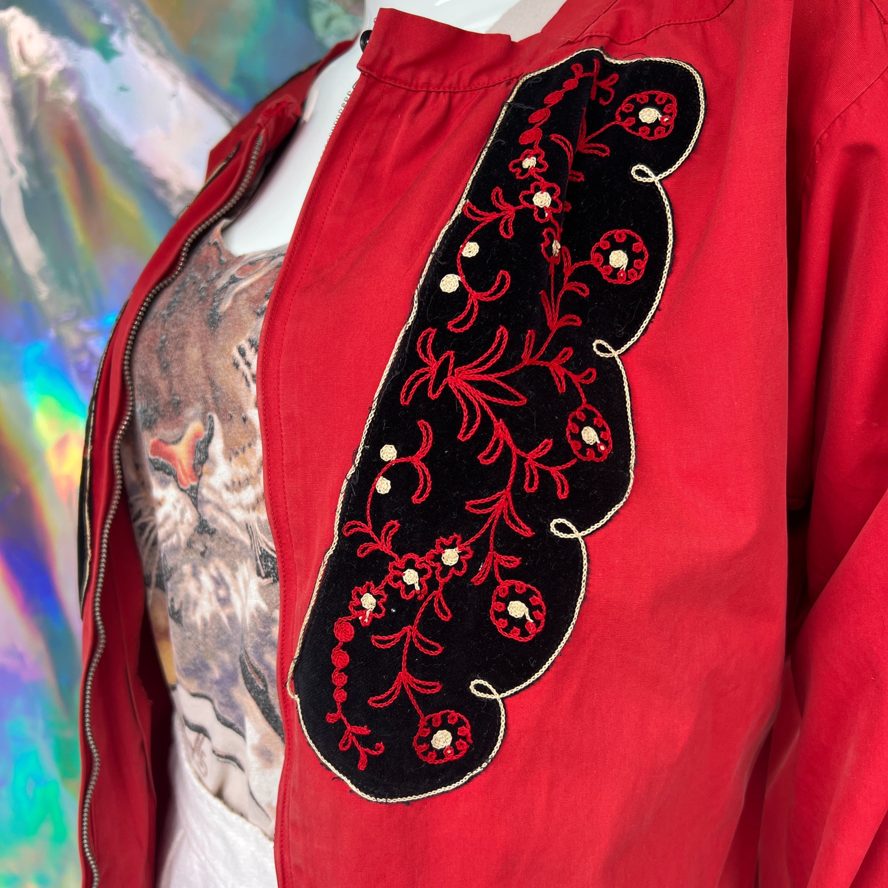 Red Swiss Embroidered Velvet Panel Jacket by Wintro - Image 4