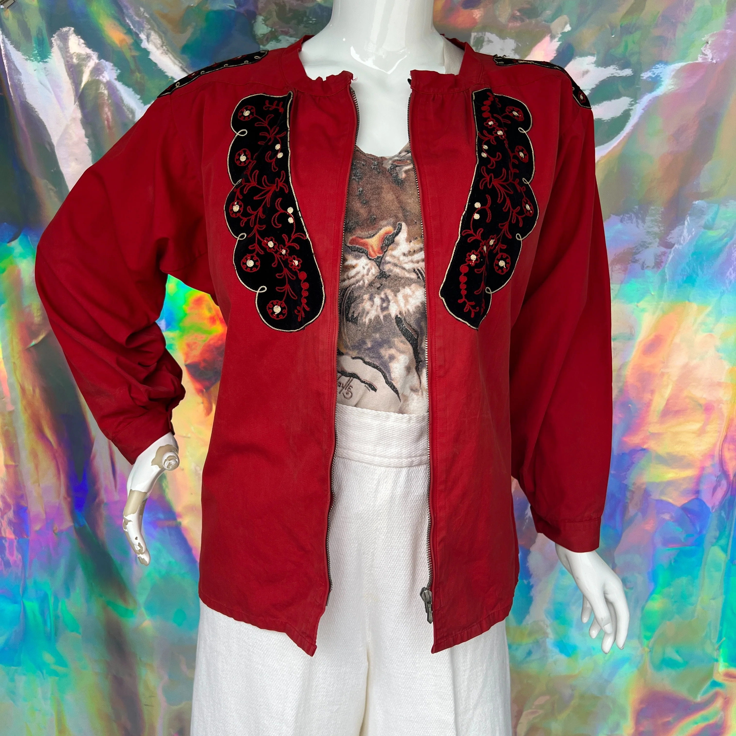 Red Swiss Embroidered Velvet Panel Jacket by Wintro - Image 7