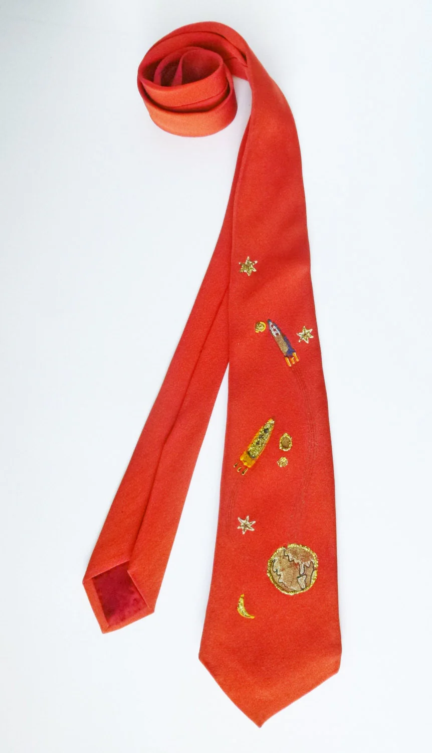 Reduced 40s 50s Space Age Steampunk Hand Painted Rocket Tie Child's Neck Tie Tween Ascot Necktie - Image 3