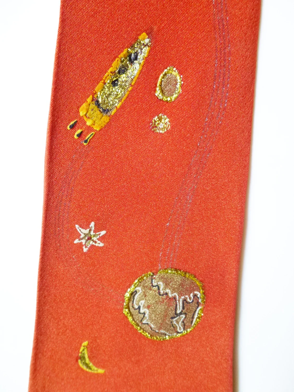 Reduced 40s 50s Space Age Steampunk Hand Painted Rocket Tie Child's Neck Tie Tween Ascot Necktie - Image 4