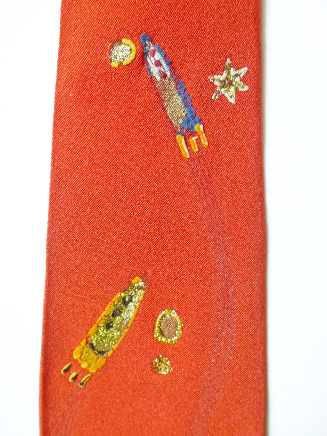 Reduced 40s 50s Space Age Steampunk Hand Painted Rocket Tie Child's Neck Tie Tween Ascot Necktie - Image 5