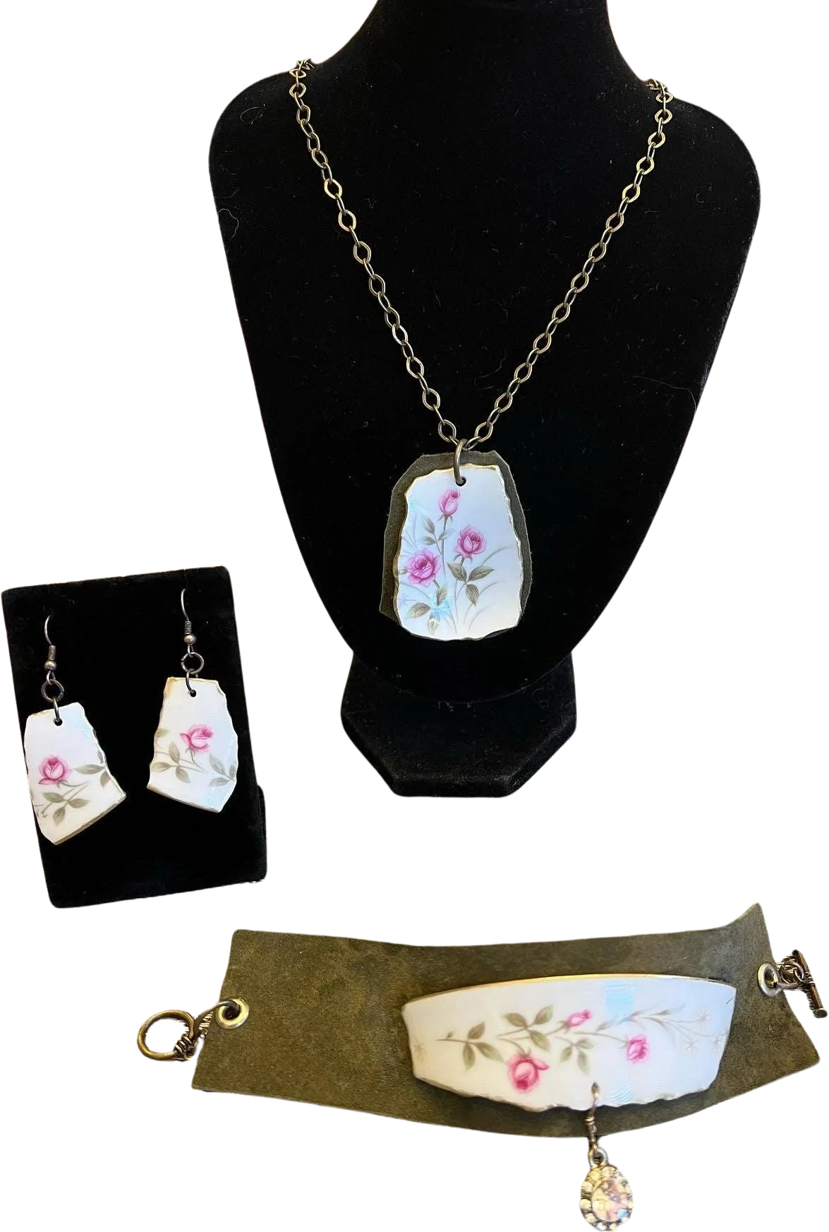 Repurposed Broken China Necklace Leather Bracelet and Earrings Set Handmade