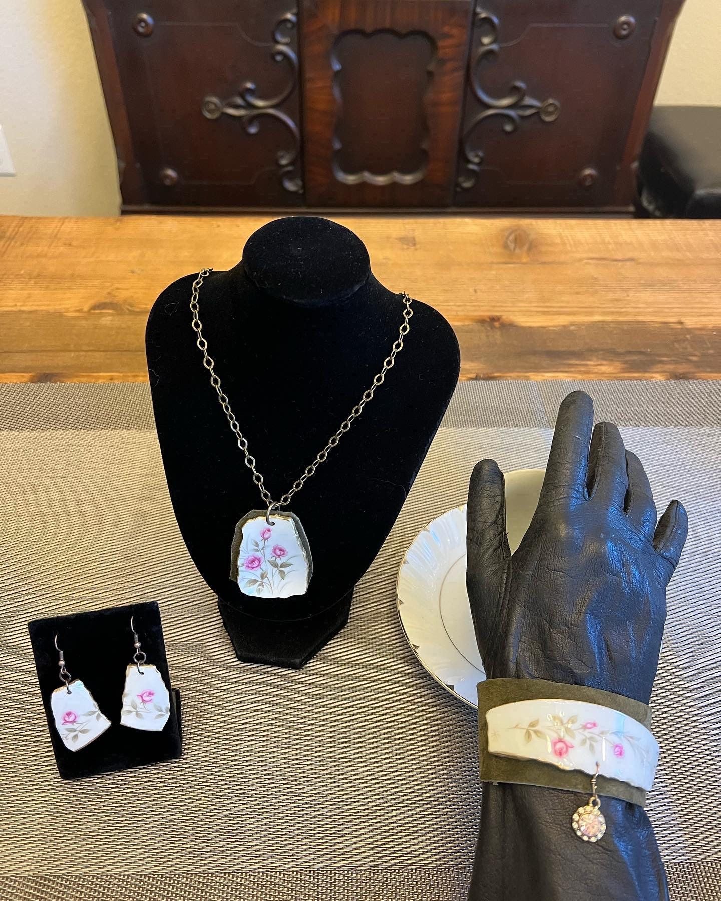 Repurposed Broken China Necklace Leather Bracelet and Earrings Set Handmade - Image 2