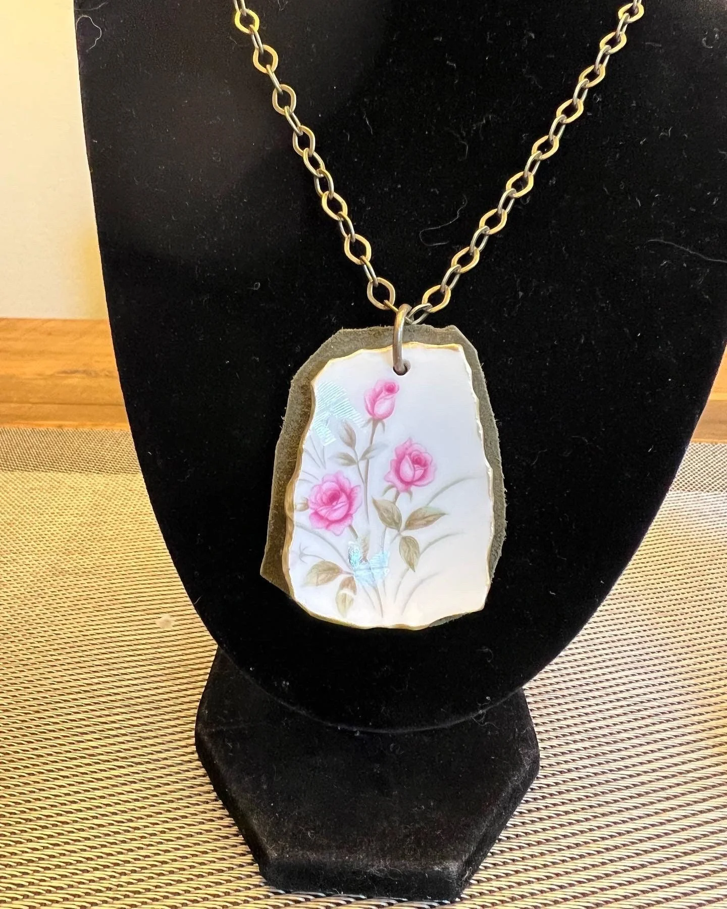 Repurposed Broken China Necklace Leather Bracelet and Earrings Set Handmade - Image 4