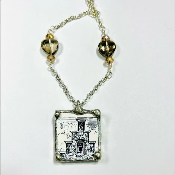 Repurposed Holland Tile Pendant Necklace Handcrafted Soft Solder and Crystal Beads - Image 9