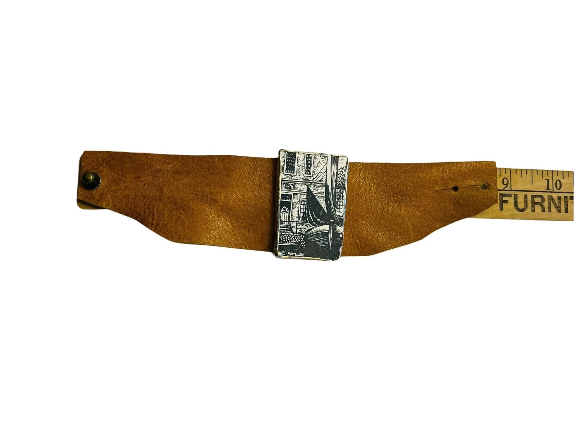 Repurposed Leather Cuff Bracelet with a Vintage Holland Tile Soldered - Image 2