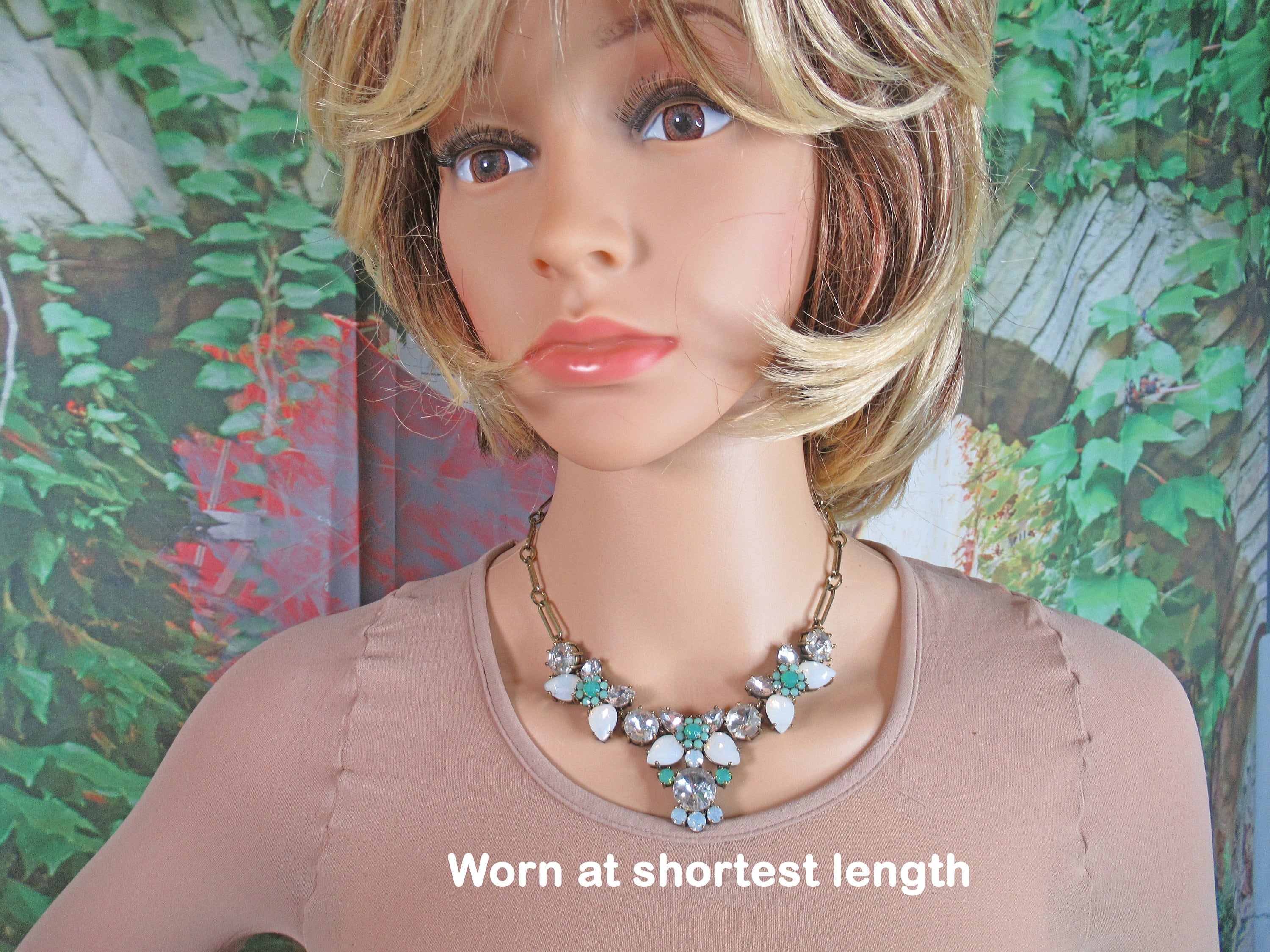 Rhinestones Choker Necklace Triple Floral Cluster Front Teal/ White/ Clear Prong Set Beads Spring Ring Back Clasp Extender Chain Vtg - Image 6