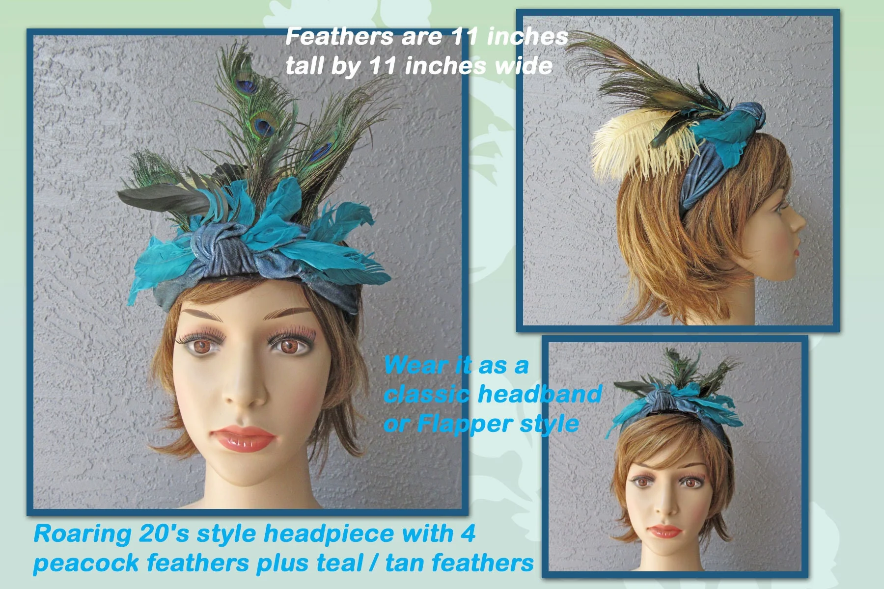 Roaring 20s Style Headpiece with 4 Peacock Feathers Plus Teal and Tan Feathers Velveteen Band Feathers Are - Image 2
