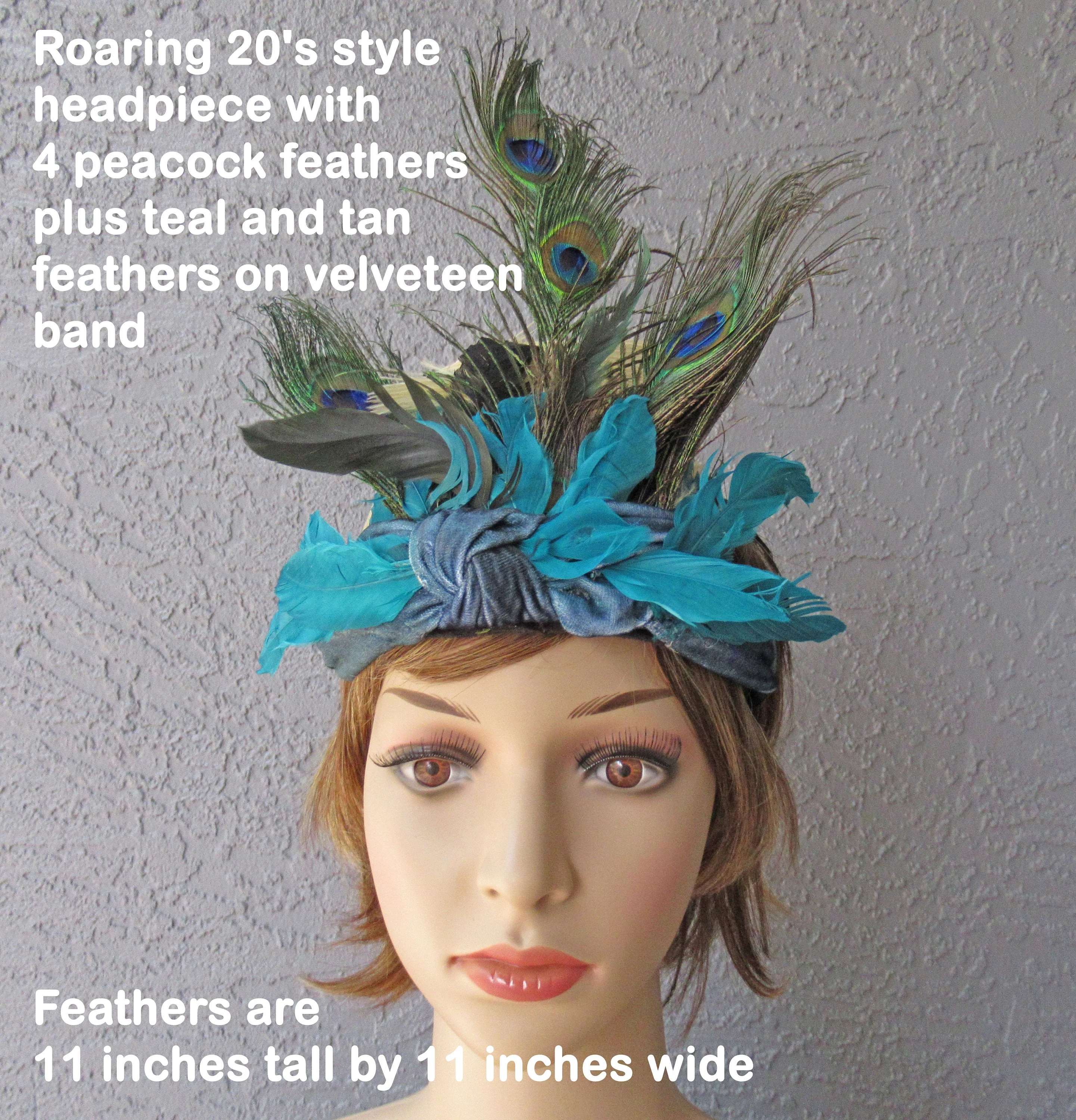 Roaring 20s Style Headpiece with 4 Peacock Feathers Plus Teal and Tan Feathers Velveteen Band Feathers Are - Image 3