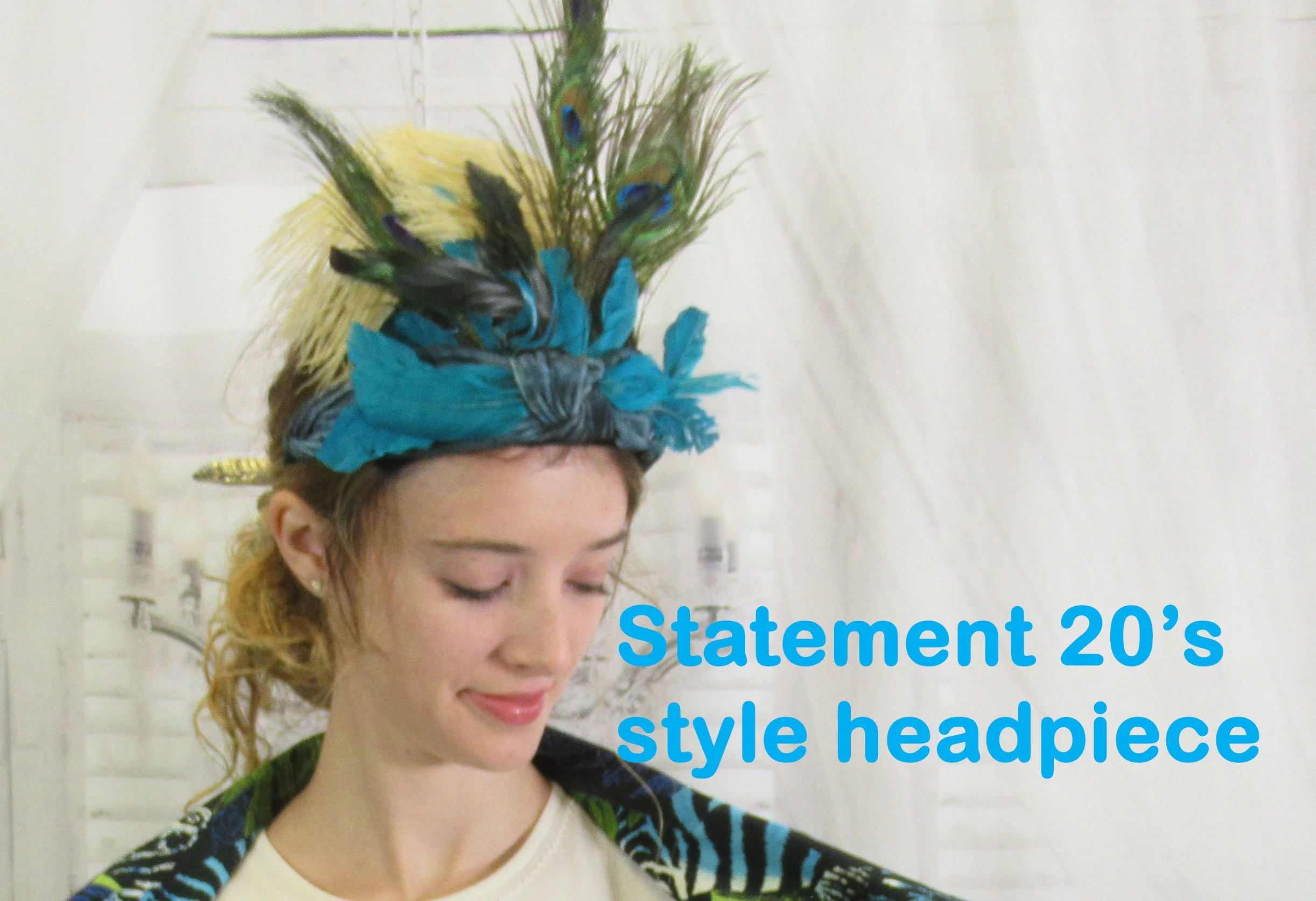 Roaring 20s Style Headpiece with 4 Peacock Feathers Plus Teal and Tan Feathers Velveteen Band Feathers Are - Image 4