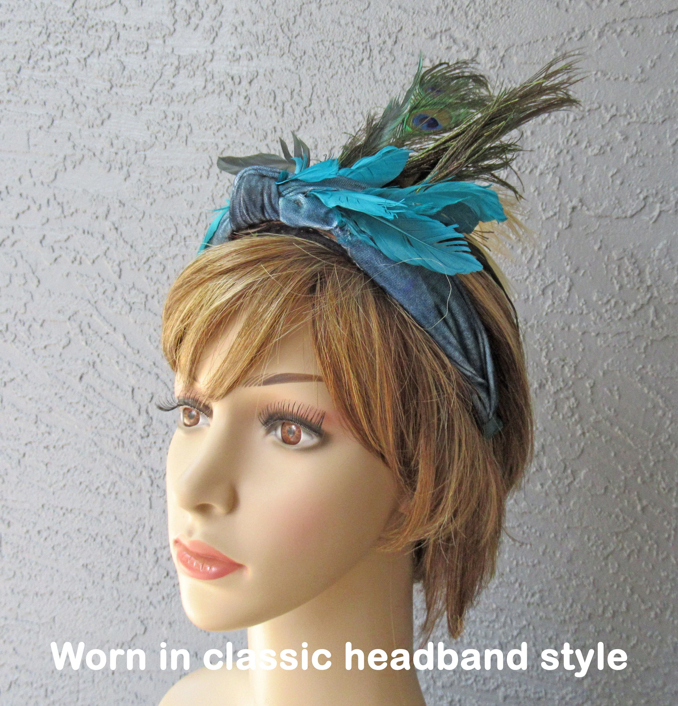 Roaring 20s Style Headpiece with 4 Peacock Feathers Plus Teal and Tan Feathers Velveteen Band Feathers Are - Image 5