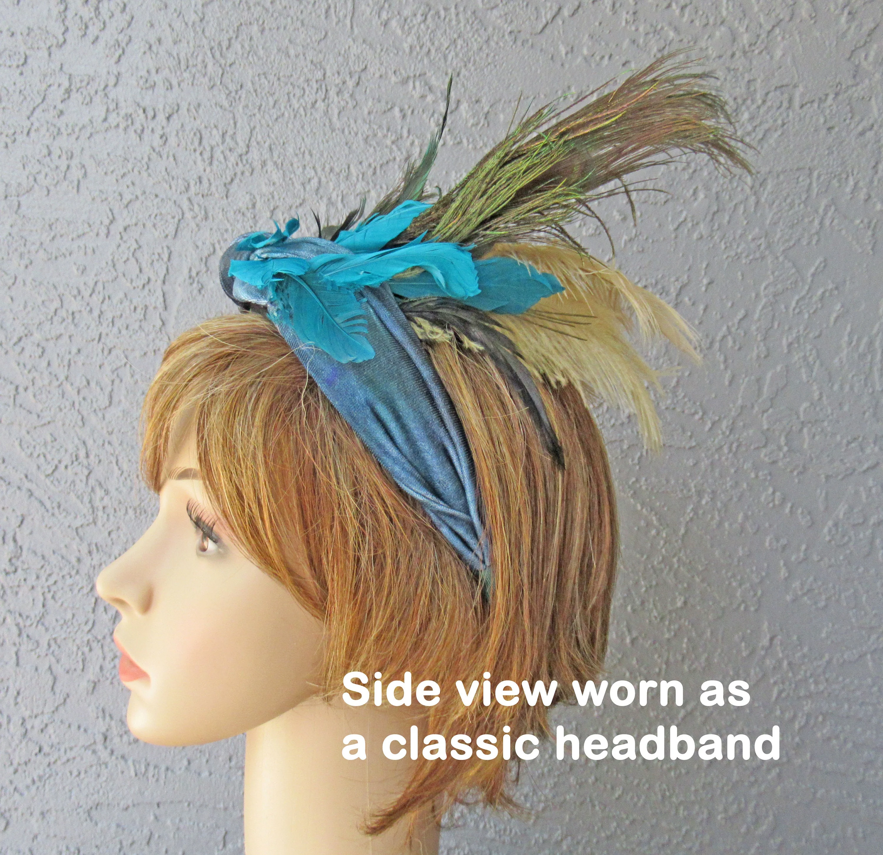 Roaring 20s Style Headpiece with 4 Peacock Feathers Plus Teal and Tan Feathers Velveteen Band Feathers Are - Image 6