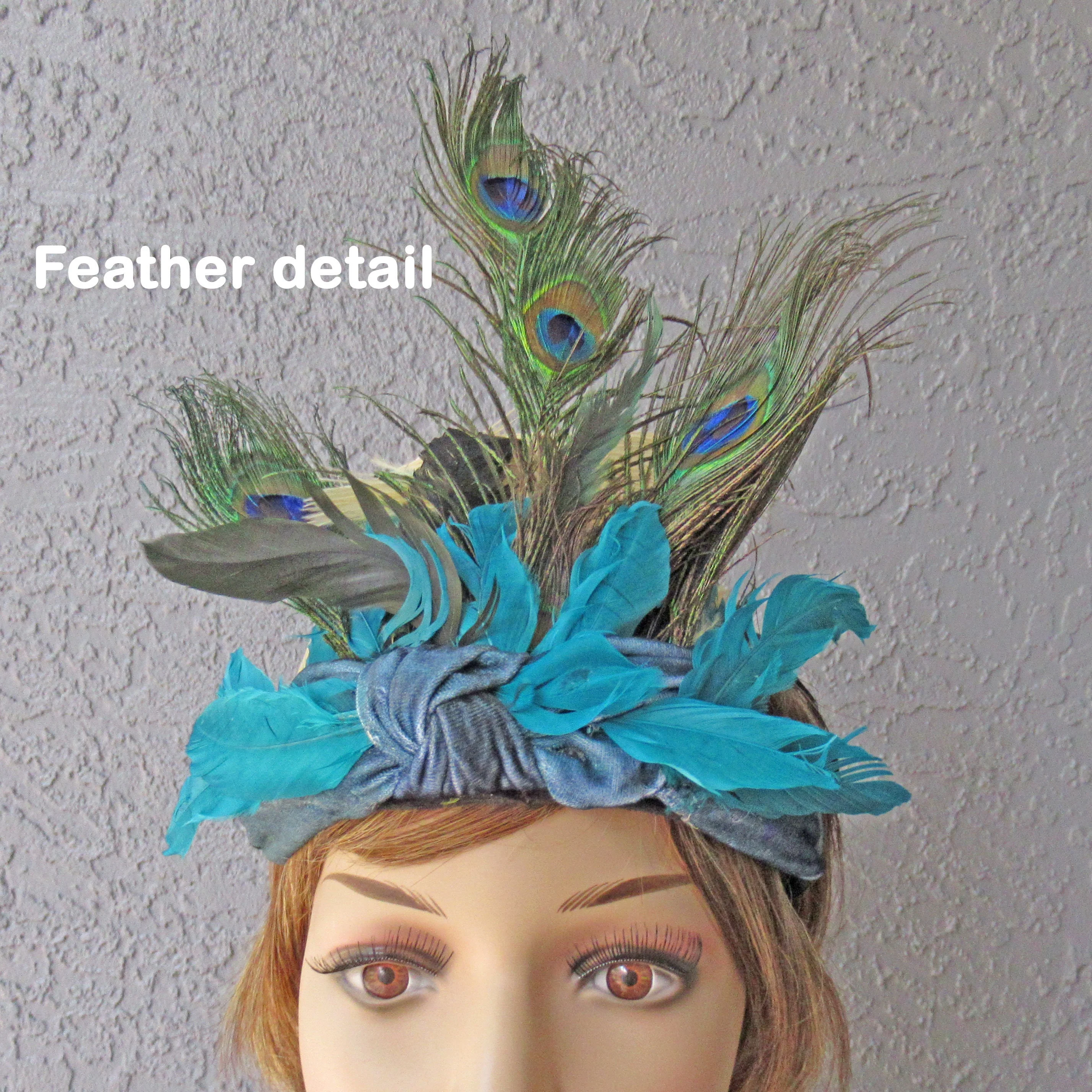 Roaring 20s Style Headpiece with 4 Peacock Feathers Plus Teal and Tan Feathers Velveteen Band Feathers Are - Image 7