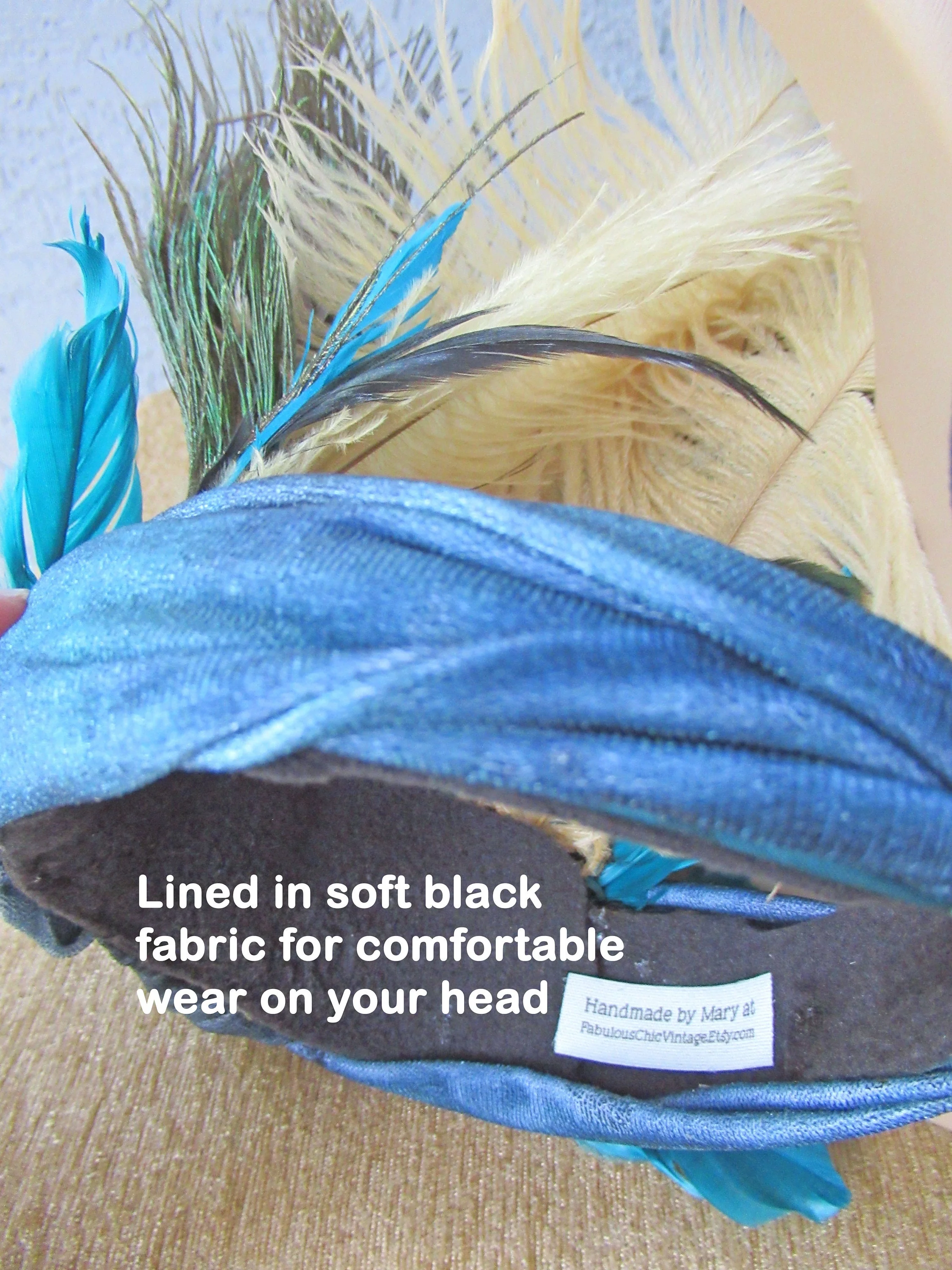 Roaring 20s Style Headpiece with 4 Peacock Feathers Plus Teal and Tan Feathers Velveteen Band Feathers Are - Image 8