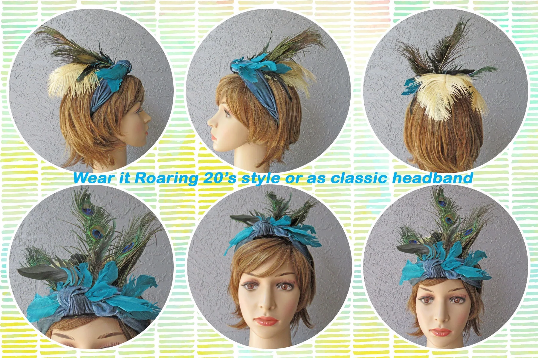 Roaring 20s Style Headpiece with 4 Peacock Feathers Plus Teal and Tan Feathers Velveteen Band Feathers Are - Image 9
