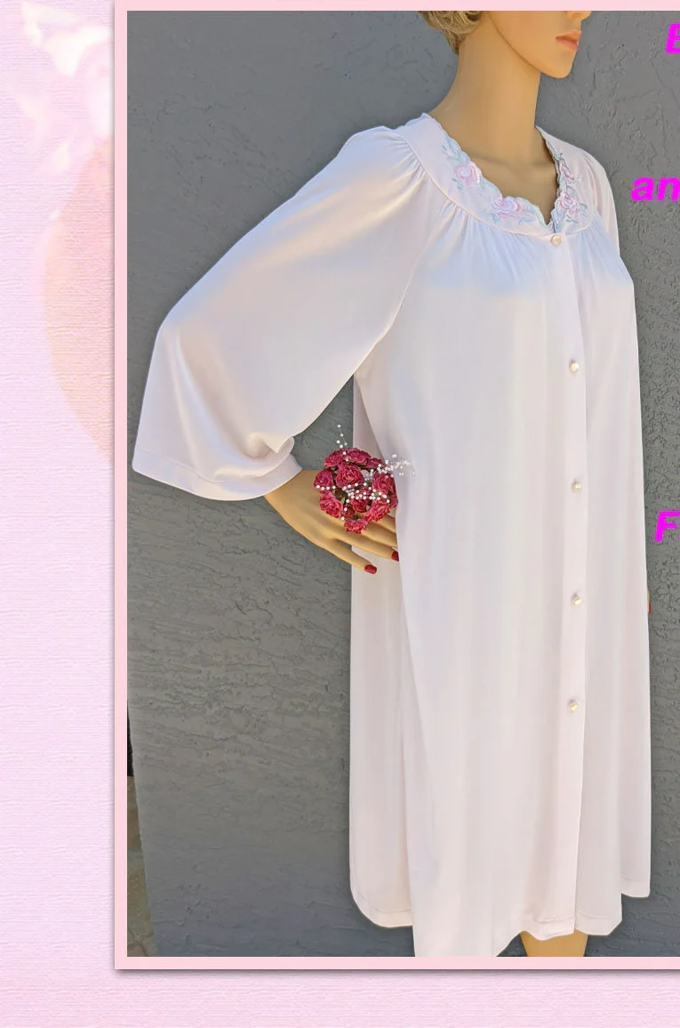Robe and Nightgown Set Blush Pink Shadowline Knee Length Nylon Button Front Robe Sleeveless Gown Floral Embroidery Yoke by Shadowline - Image 2