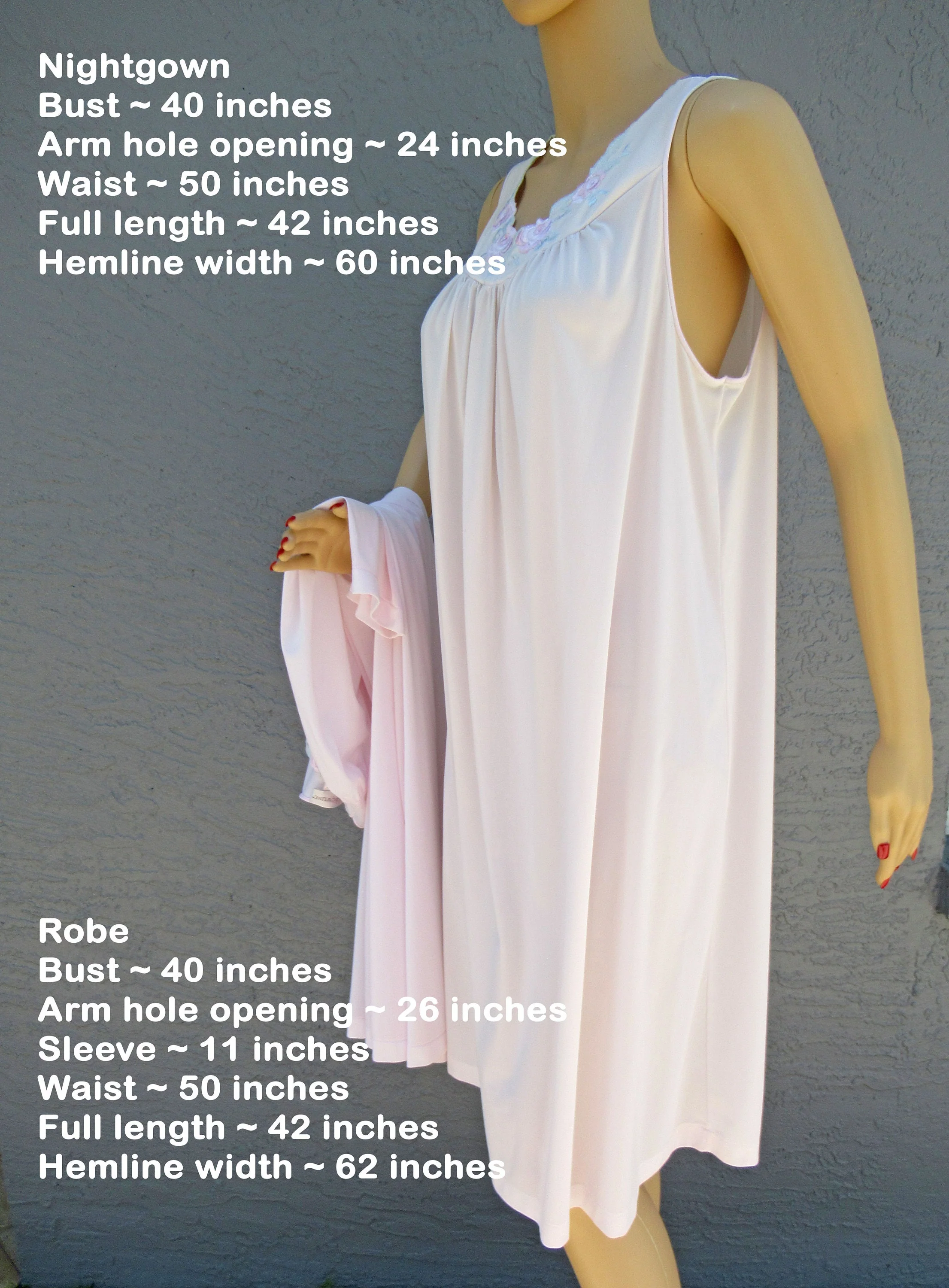 Robe and Nightgown Set Blush Pink Shadowline Knee Length Nylon Button Front Robe Sleeveless Gown Floral Embroidery Yoke by Shadowline - Image 4