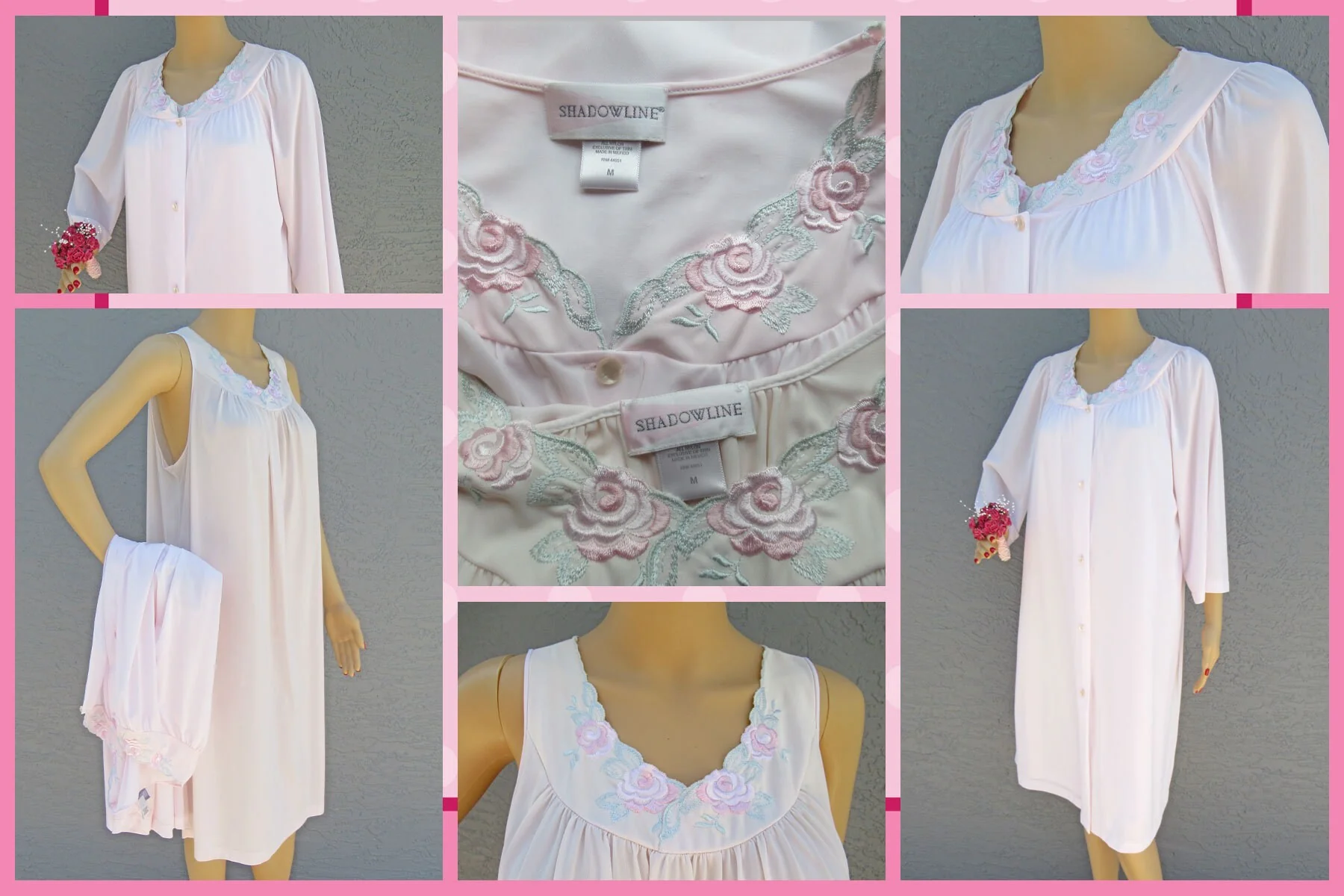 Robe and Nightgown Set Blush Pink Shadowline Knee Length Nylon Button Front Robe Sleeveless Gown Floral Embroidery Yoke by Shadowline - Image 7