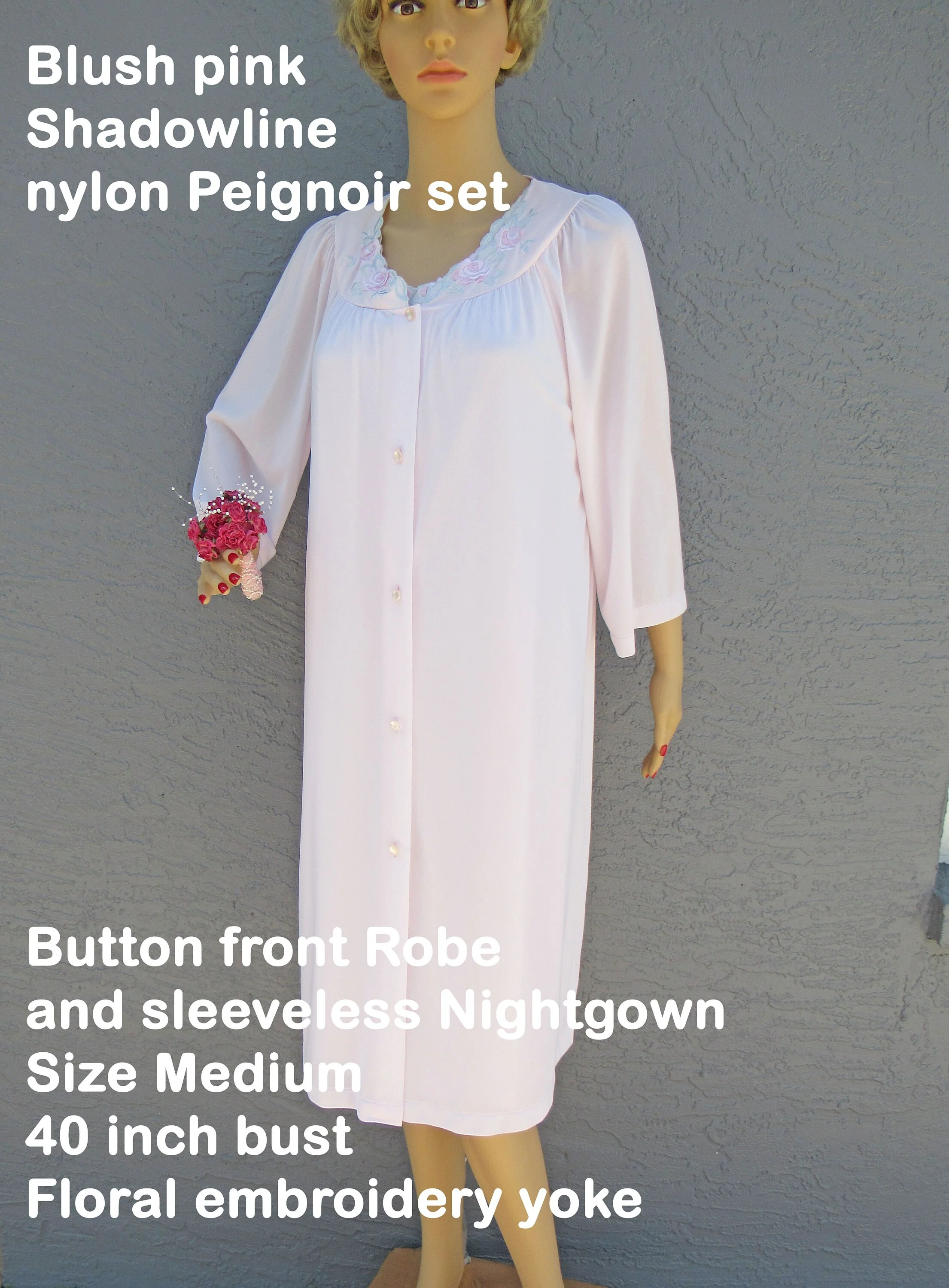 Robe and Nightgown Set Blush Pink Shadowline Knee Length Nylon Button Front Robe Sleeveless Gown Floral Embroidery Yoke by Shadowline - Image 9