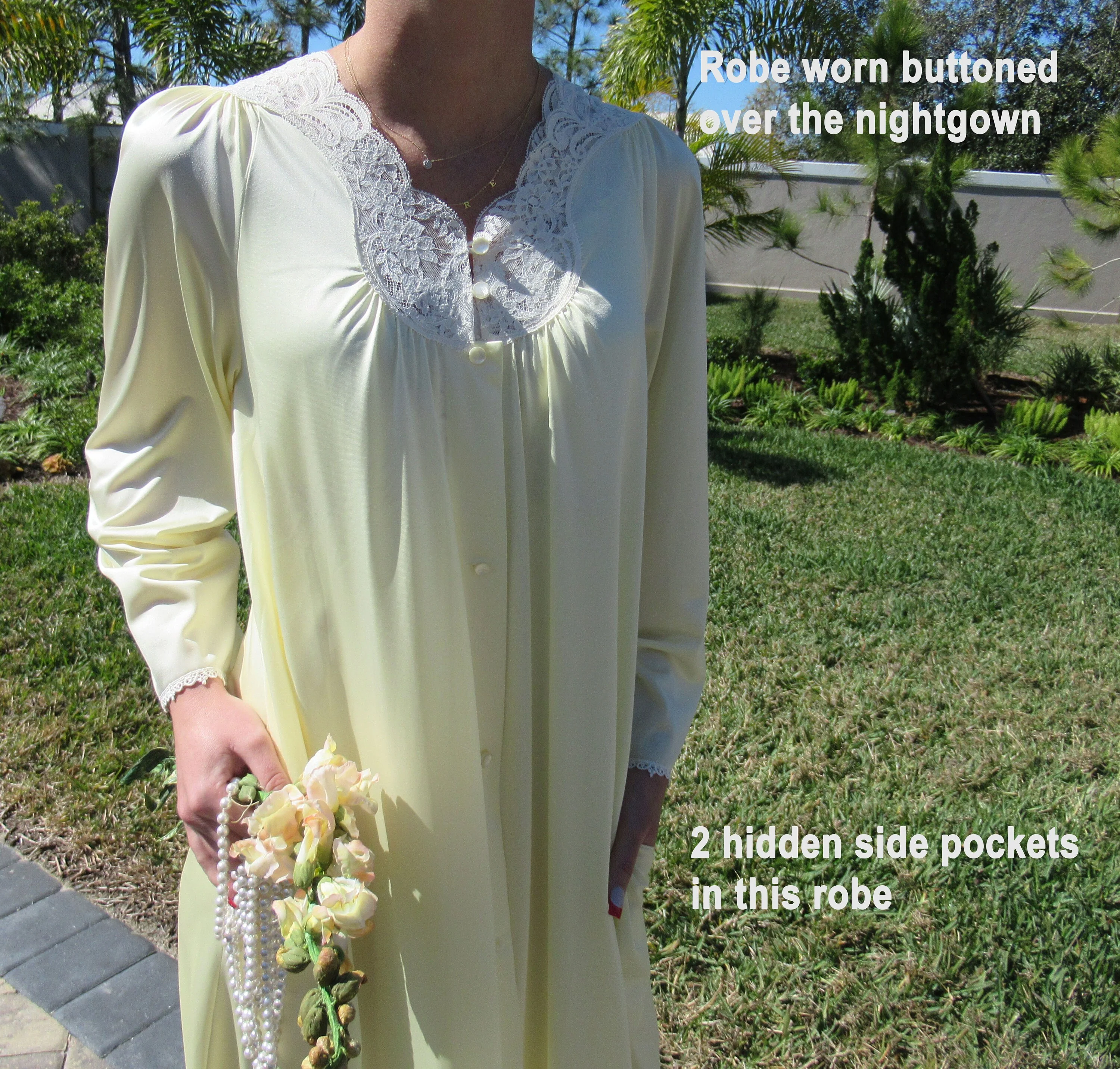 Robe and Nightgown Set Shadowline Pastel Yellow Full Length Both W Sheer Low Cut White Lace Original 1987 Paper Tag by Shadowline - Image 10