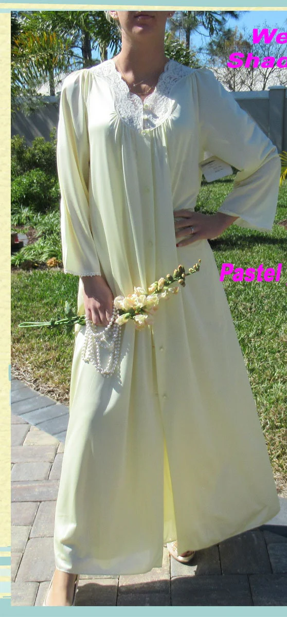 Robe and Nightgown Set Shadowline Pastel Yellow Full Length Both W Sheer Low Cut White Lace Original 1987 Paper Tag by Shadowline - Image 3