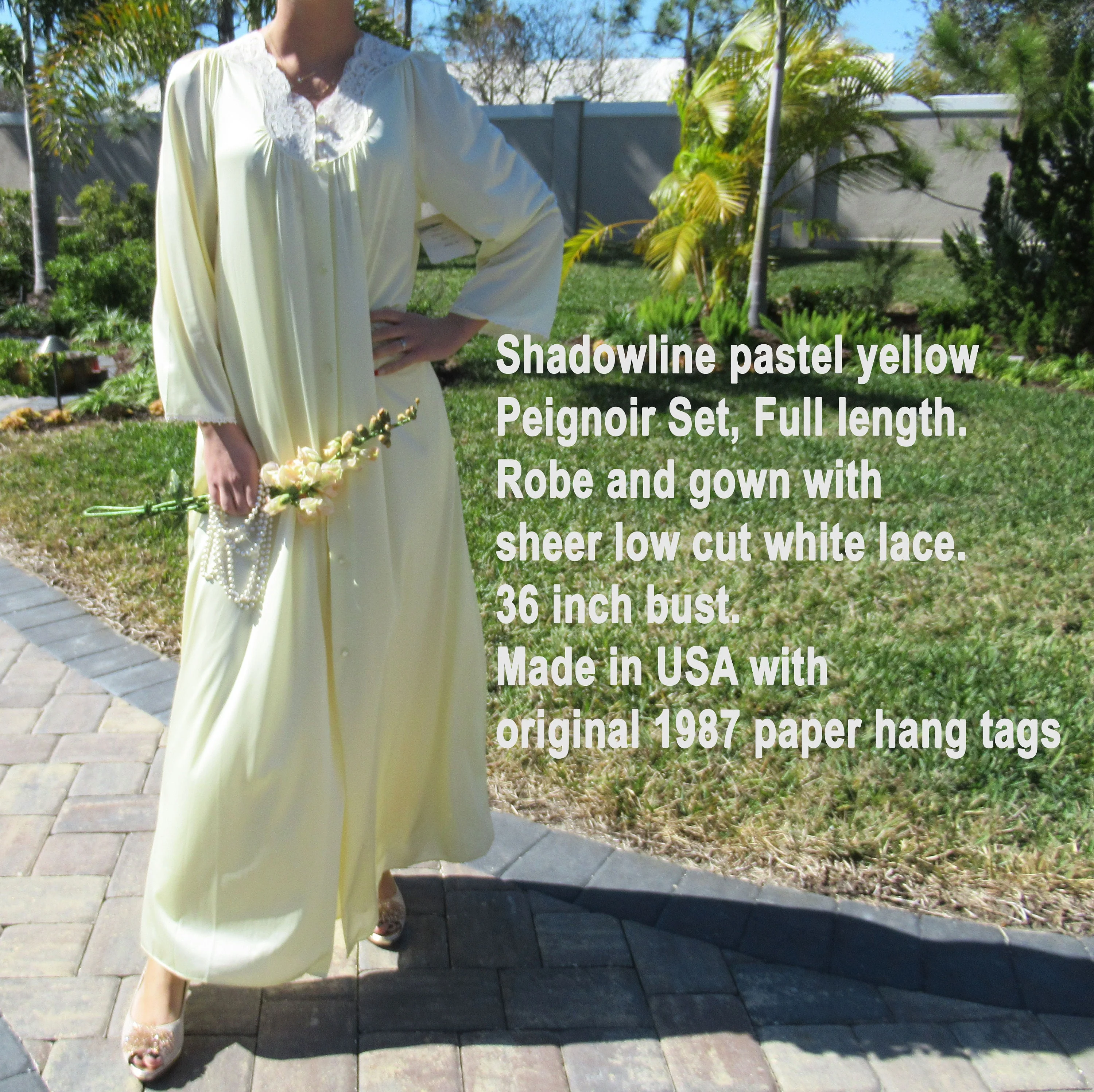 Robe and Nightgown Set Shadowline Pastel Yellow Full Length Both W Sheer Low Cut White Lace Original 1987 Paper Tag by Shadowline - Image 9