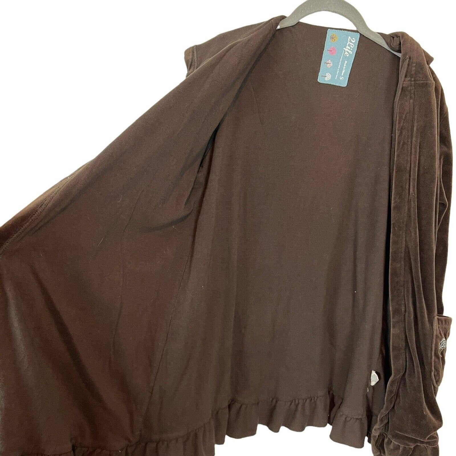 Robe Short Wrap Organic Cotton Brown Velour Women Short Embroidered Pocket by 2life - Image 4