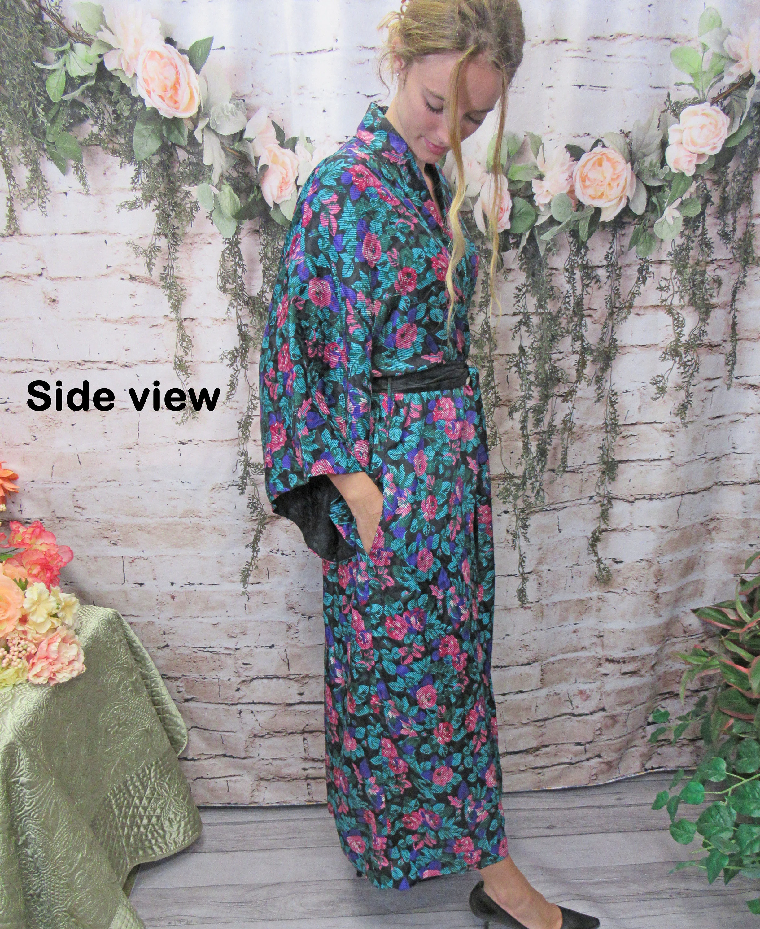 Robe Style Sleeve Full Length Wrap Front Emily Daniell Intimate Bright Floral Print Removable Reversible Belt Vintage by Emily Daniell - Image 10