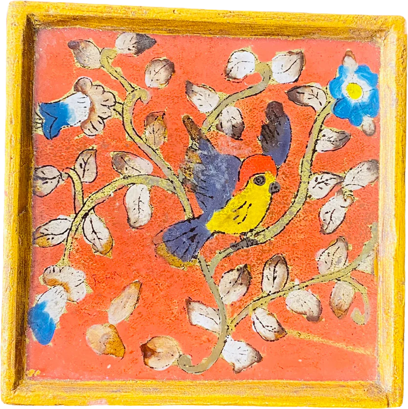 Robert M. Weiss Hand Made India Reverse Painting Coaster Bird In Trees by Robert M. Weiss