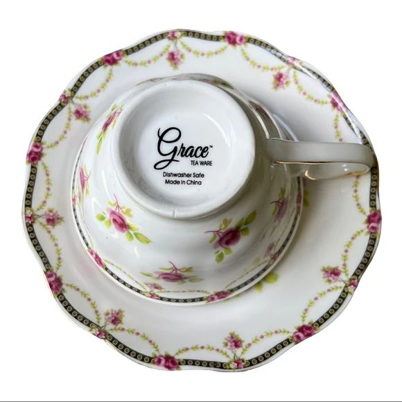 Rose Teacup and Saucer Set of Two Beautiful Roses Bone China Tea Set by Grace - Image 6