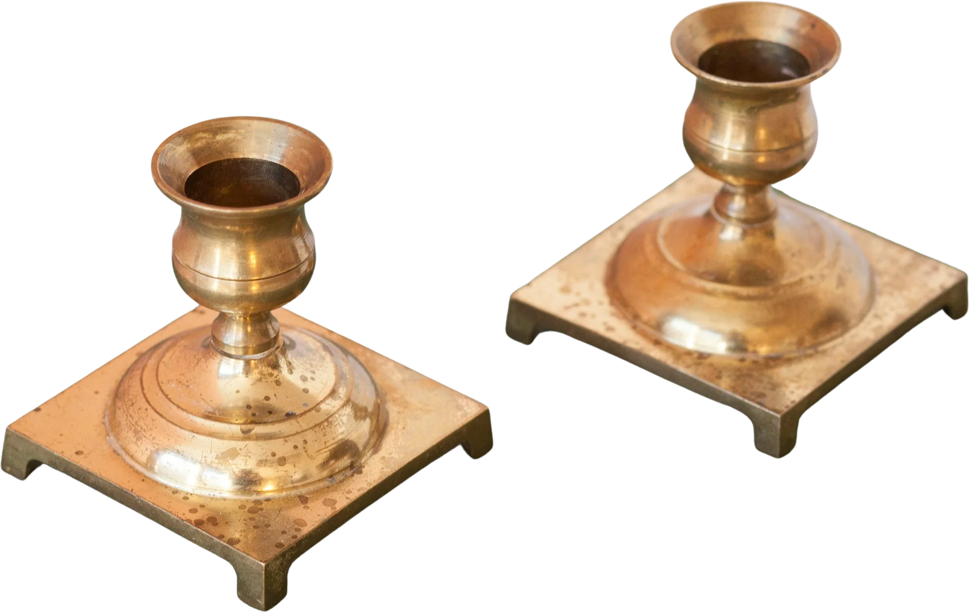 Rustic Brass with Square Base Pair of Two Petite Worn Vintage Brass .75" Candlestick Holders