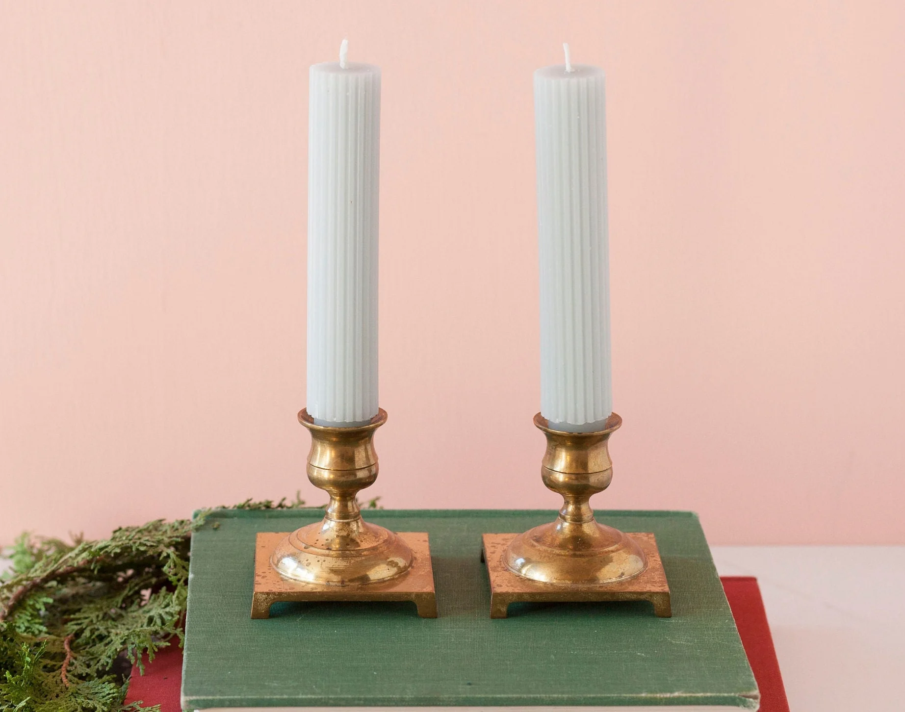 Rustic Brass with Square Base Pair of Two Petite Worn Vintage Brass .75" Candlestick Holders - Image 2