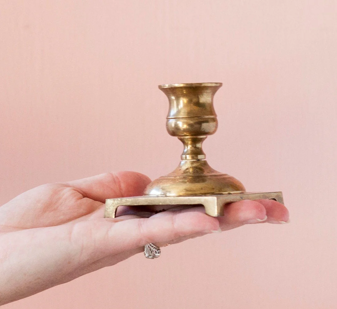 Rustic Brass with Square Base Pair of Two Petite Worn Vintage Brass .75" Candlestick Holders - Image 4