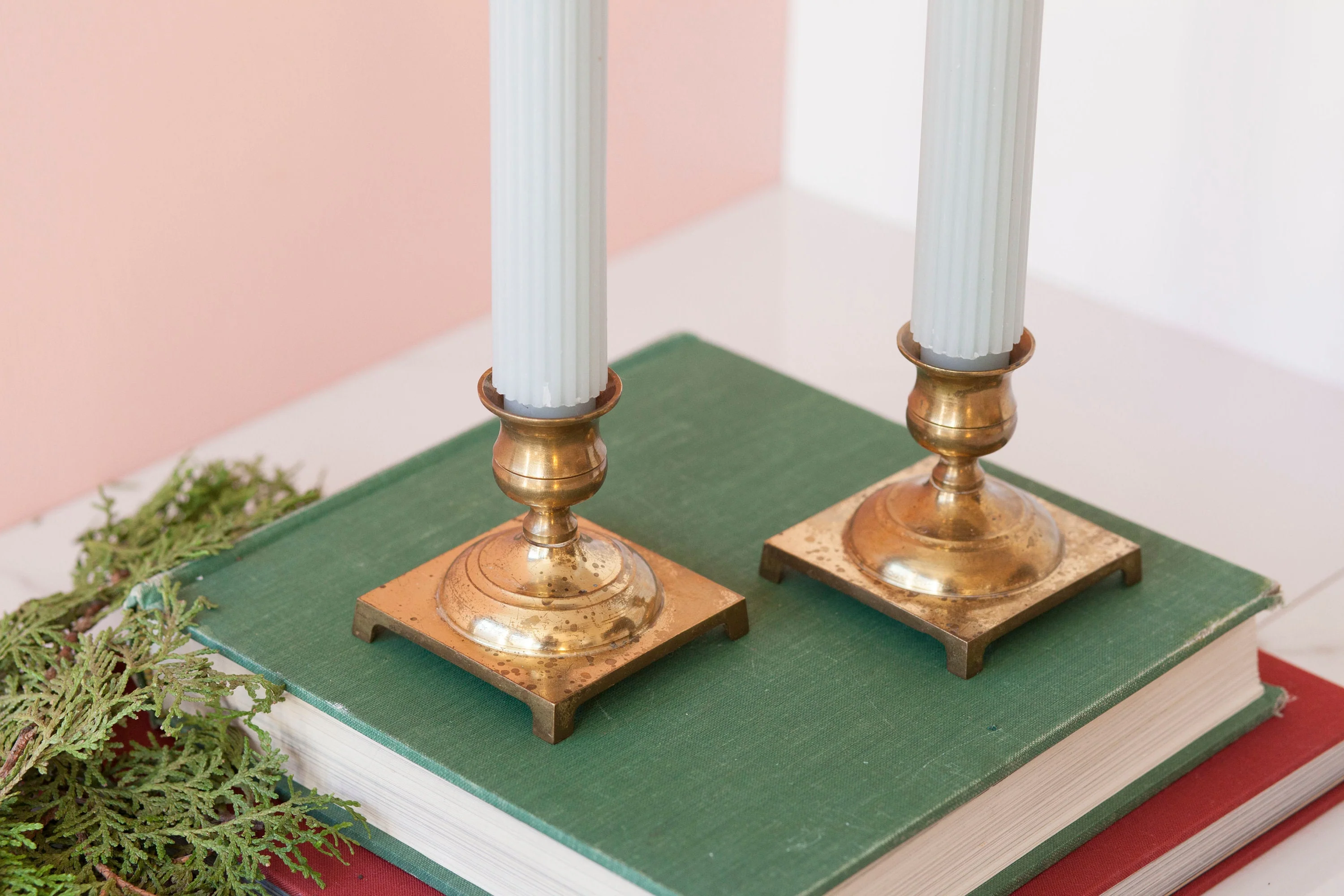 Rustic Brass with Square Base Pair of Two Petite Worn Vintage Brass .75" Candlestick Holders - Image 6