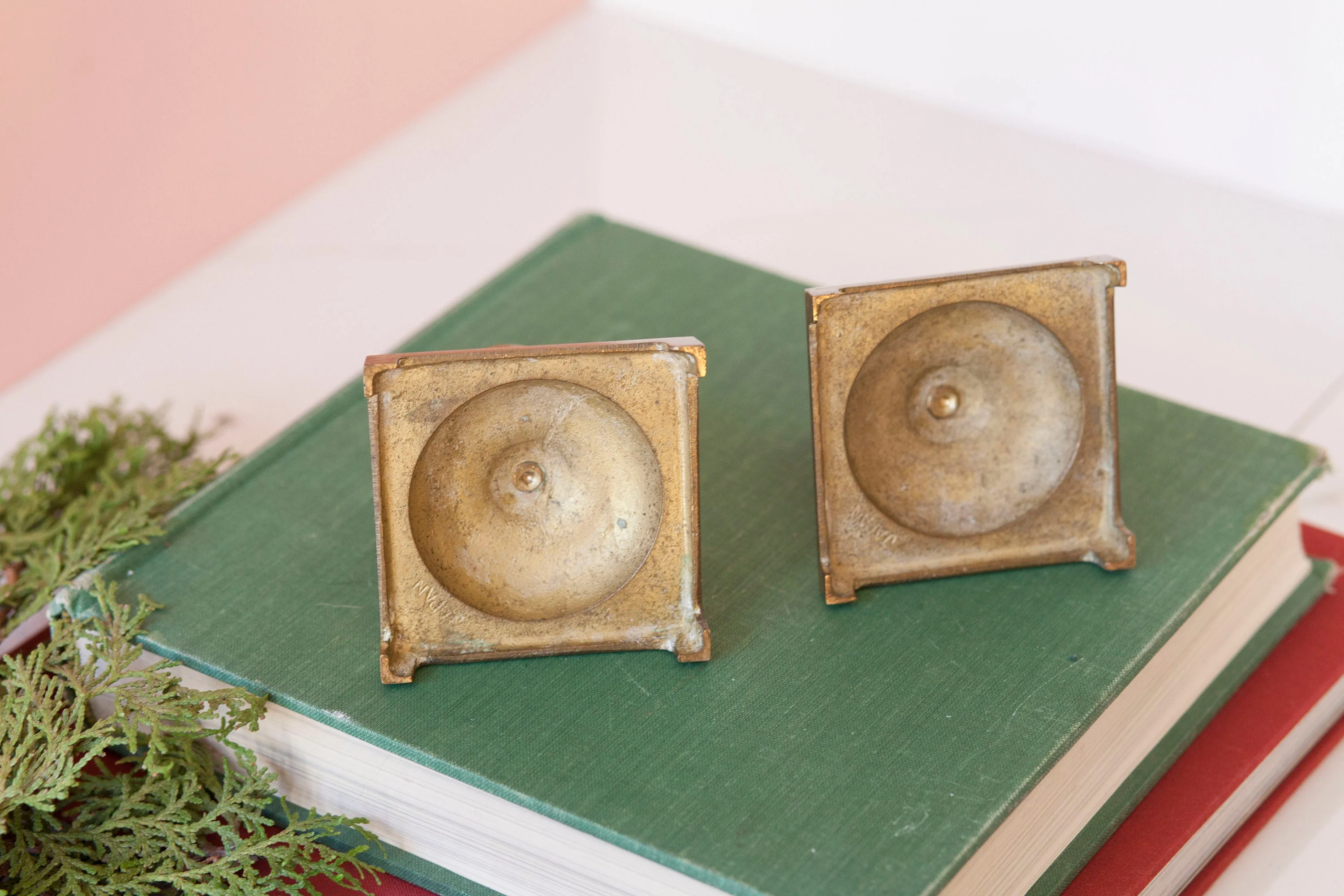 Rustic Brass with Square Base Pair of Two Petite Worn Vintage Brass .75" Candlestick Holders - Image 8