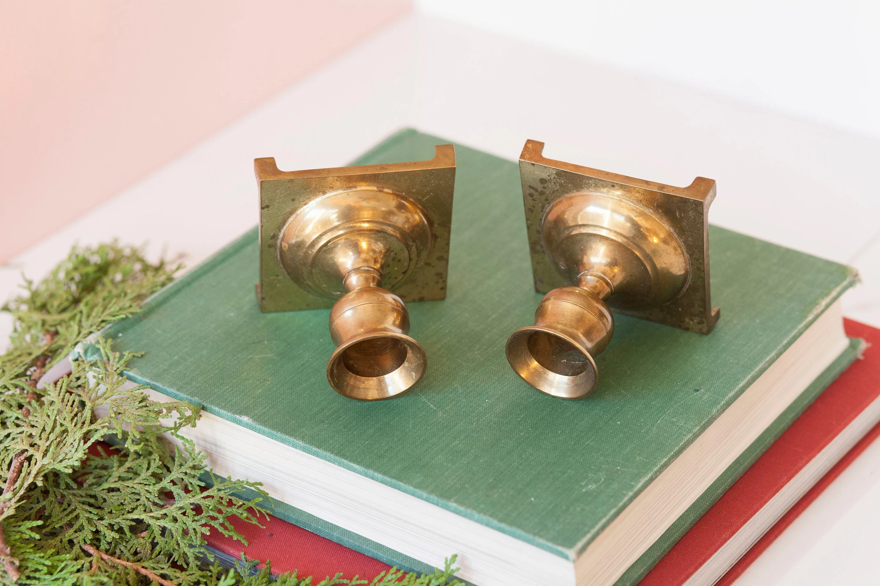 Rustic Brass with Square Base Pair of Two Petite Worn Vintage Brass .75" Candlestick Holders - Image 9